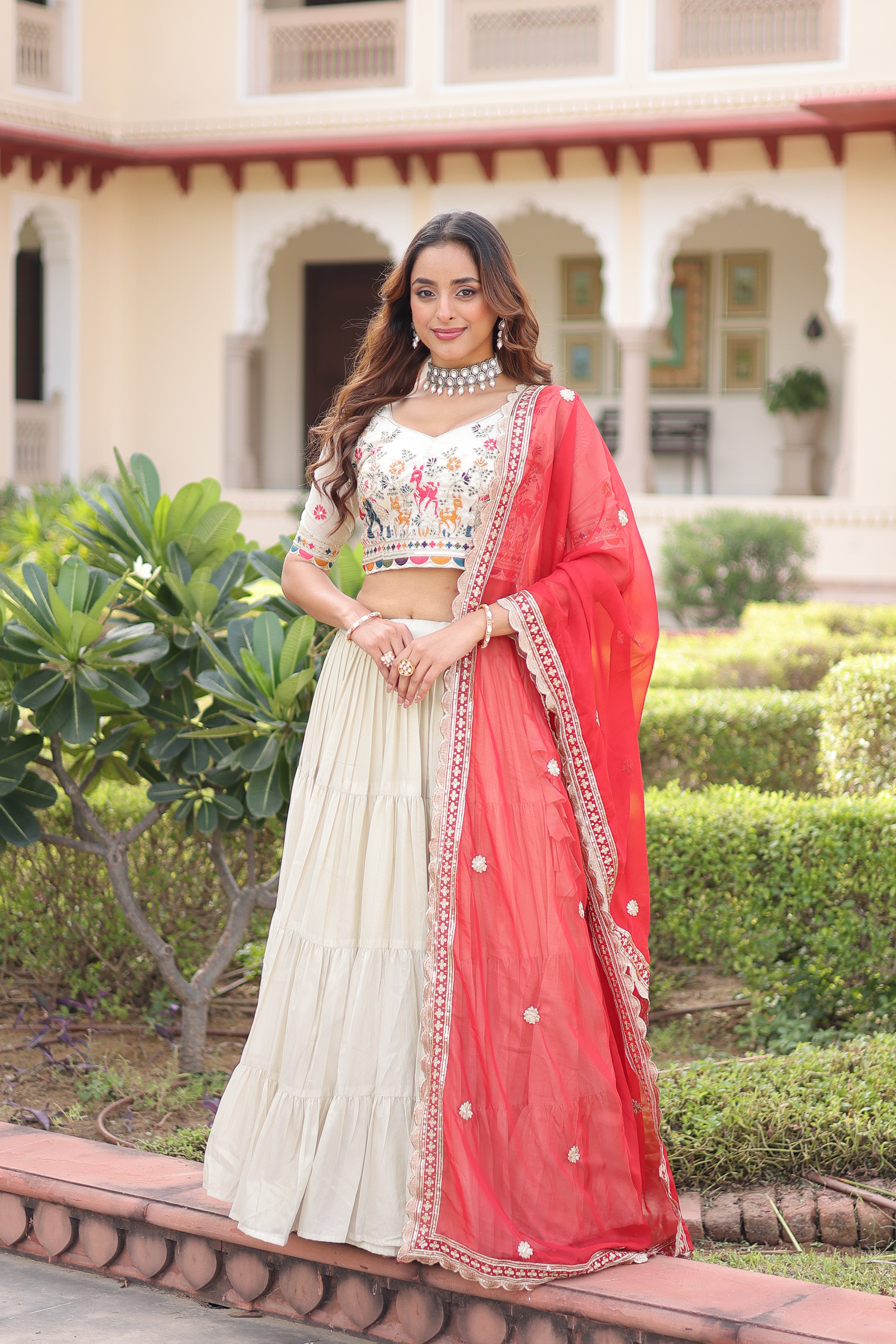 Cosmos Silk Thread Embroidered Lehenga With Dupatta