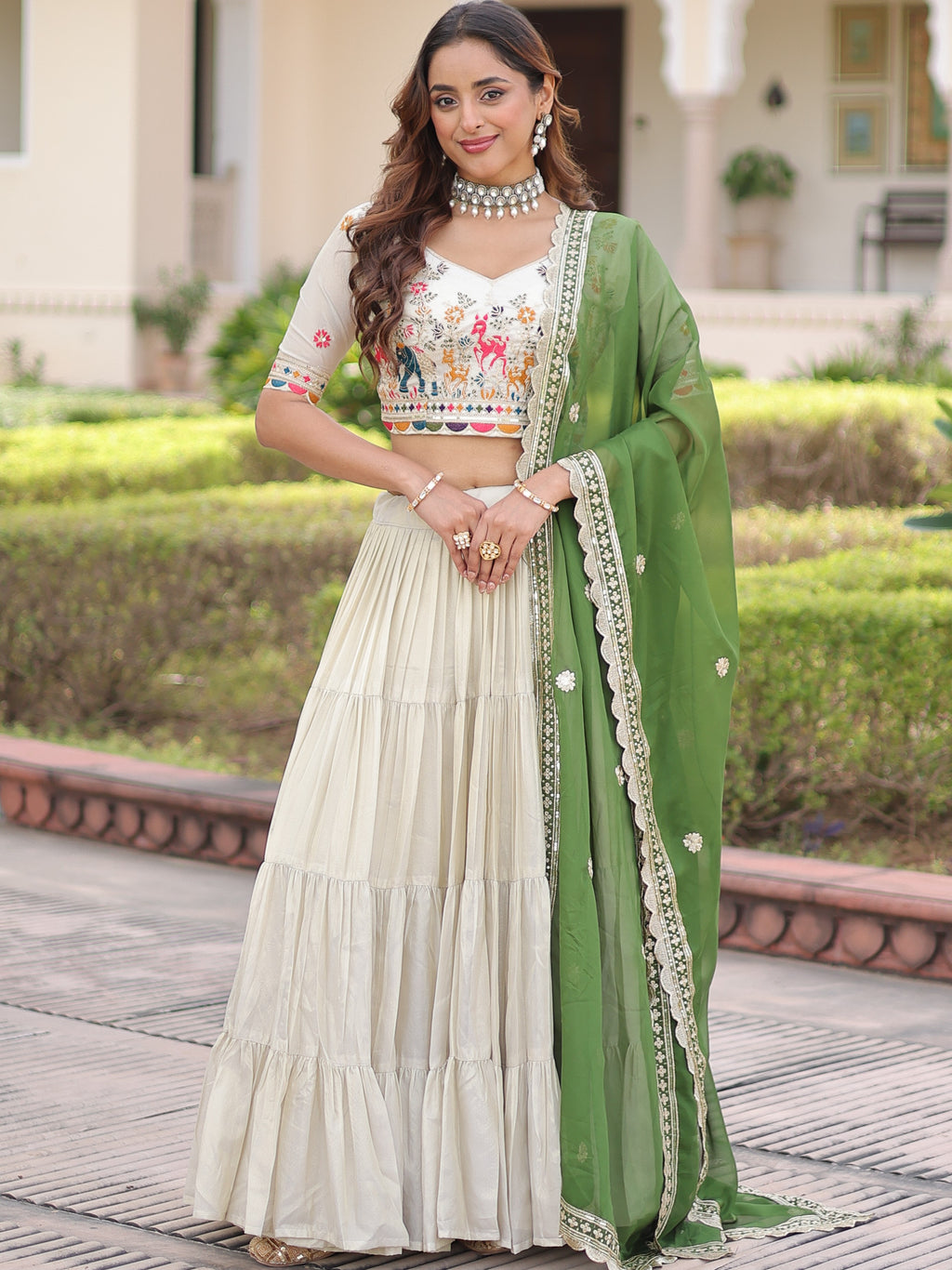 Cosmos Silk Thread Embroidered Lehenga With Dupatta