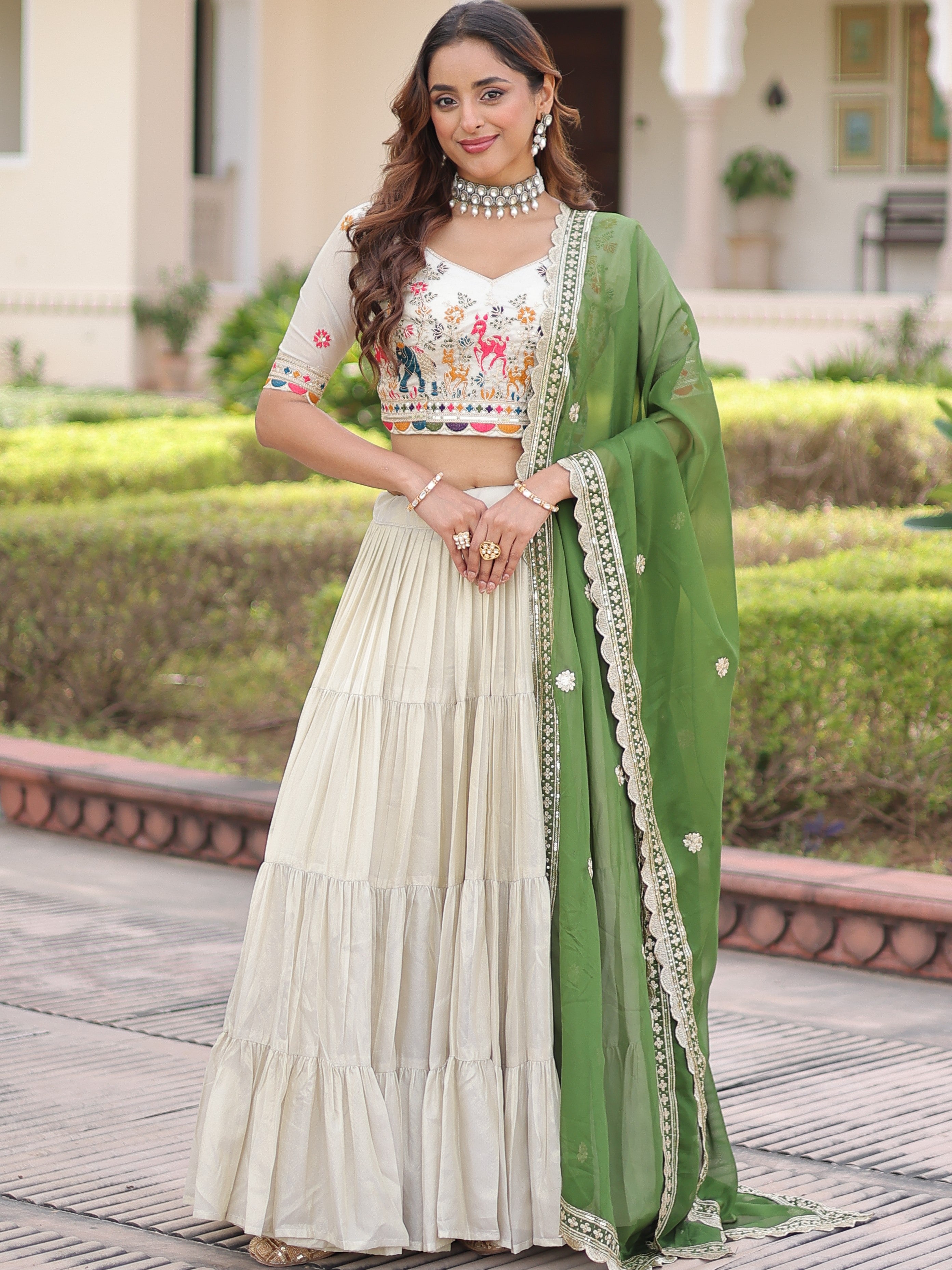 Cosmos Silk Thread Embroidered Lehenga With Dupatta