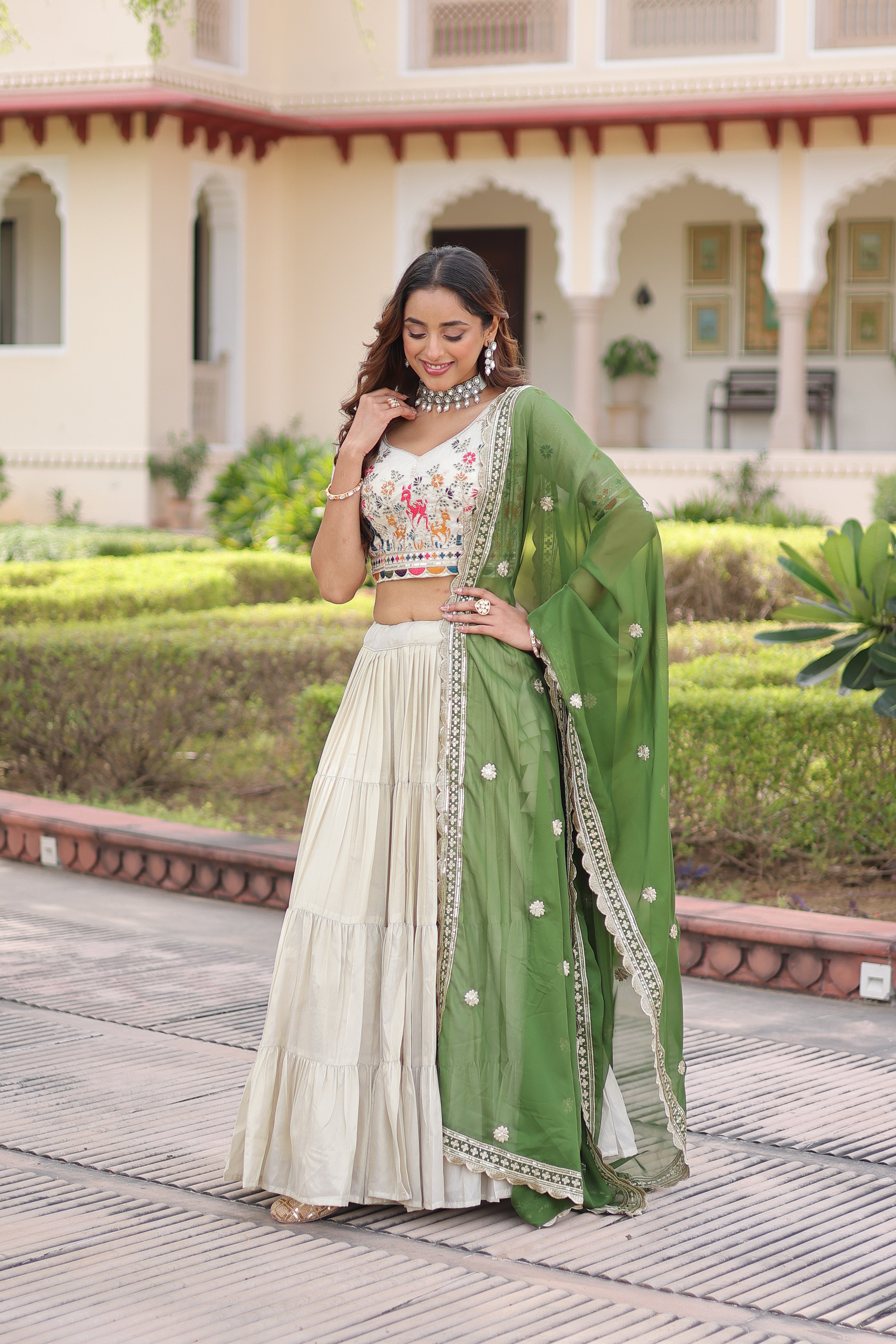 Cosmos Silk Thread Embroidered Lehenga With Dupatta