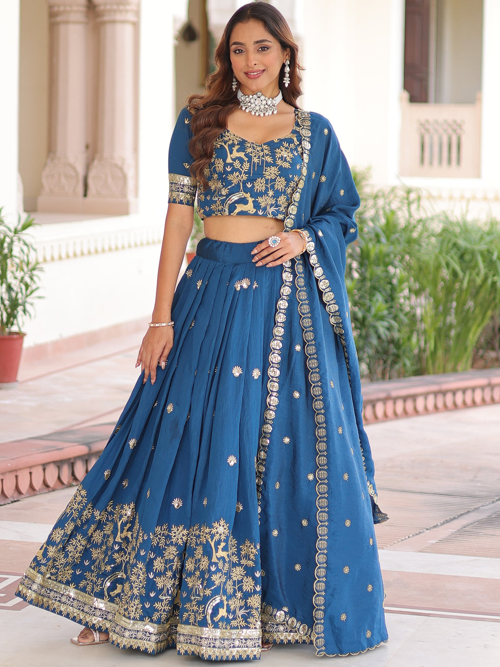 Vichitra Silk Thread Embroidered Lehenga With Dupatta
