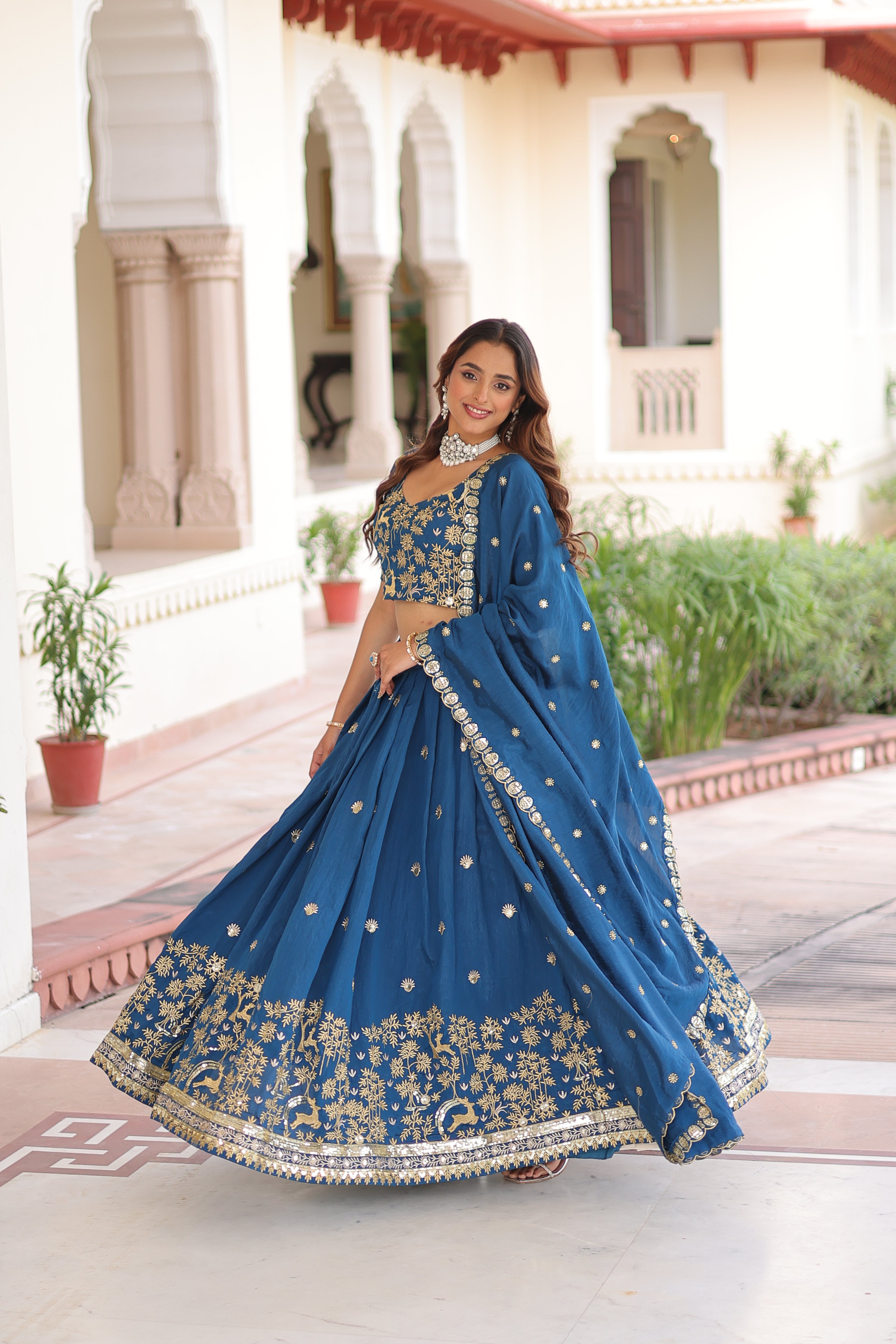Vichitra Silk Thread Embroidered Lehenga With Dupatta