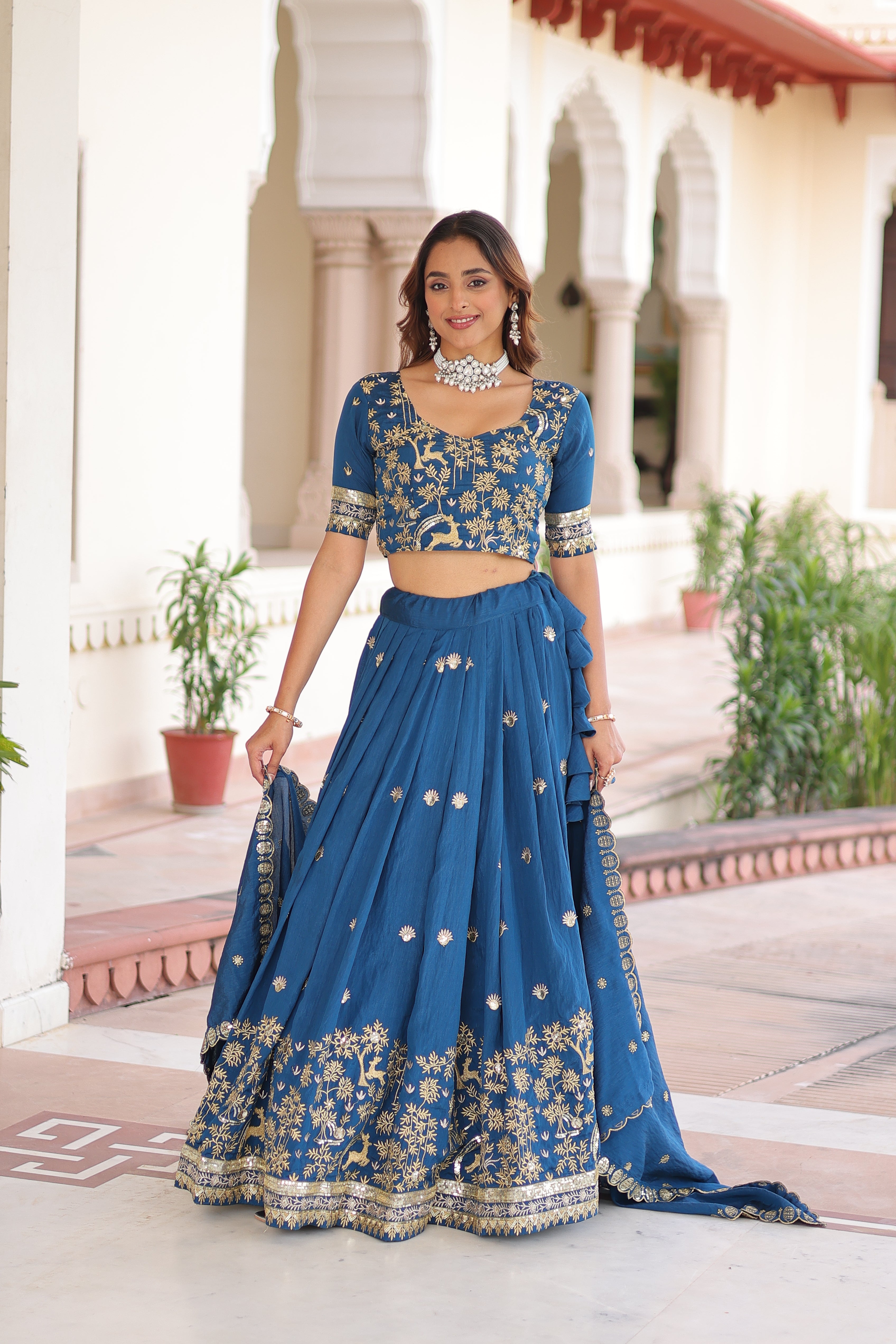 Vichitra Silk Thread Embroidered Lehenga With Dupatta