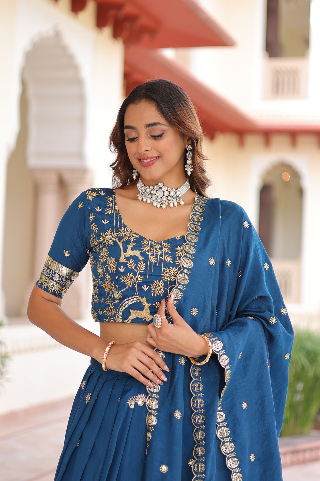 Vichitra Silk Thread Embroidered Lehenga With Dupatta