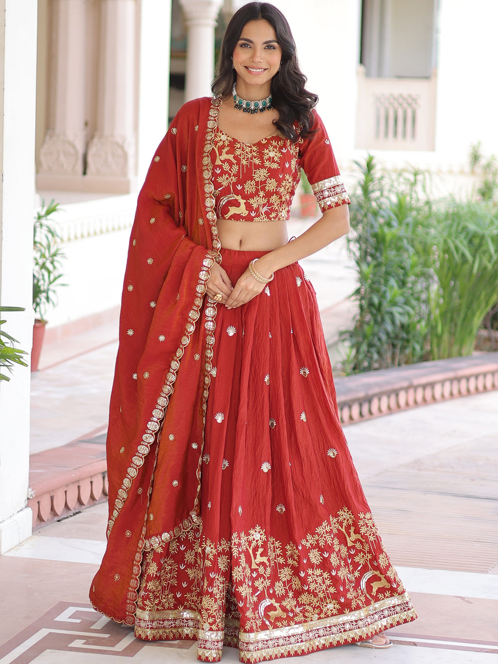 Vichitra Silk Thread Embroidered Lehenga With Dupatta
