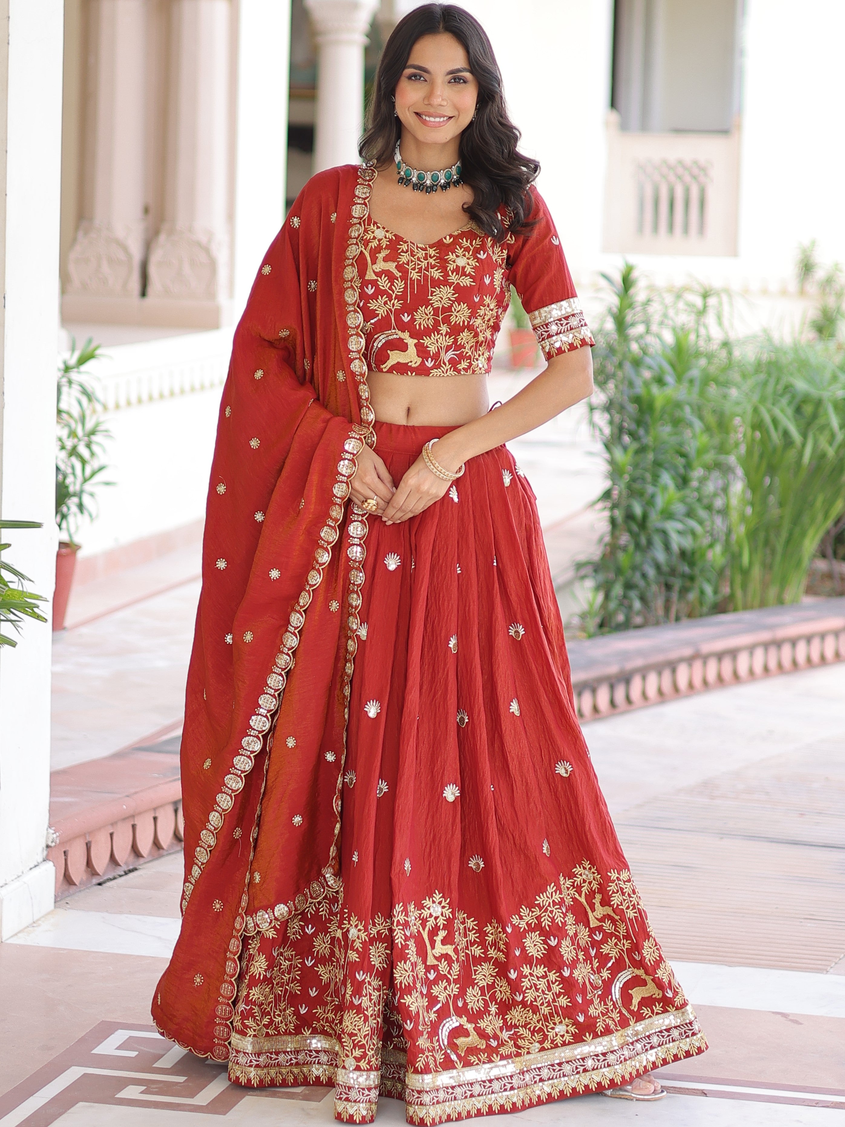 Vichitra Silk Thread Embroidered Lehenga With Dupatta