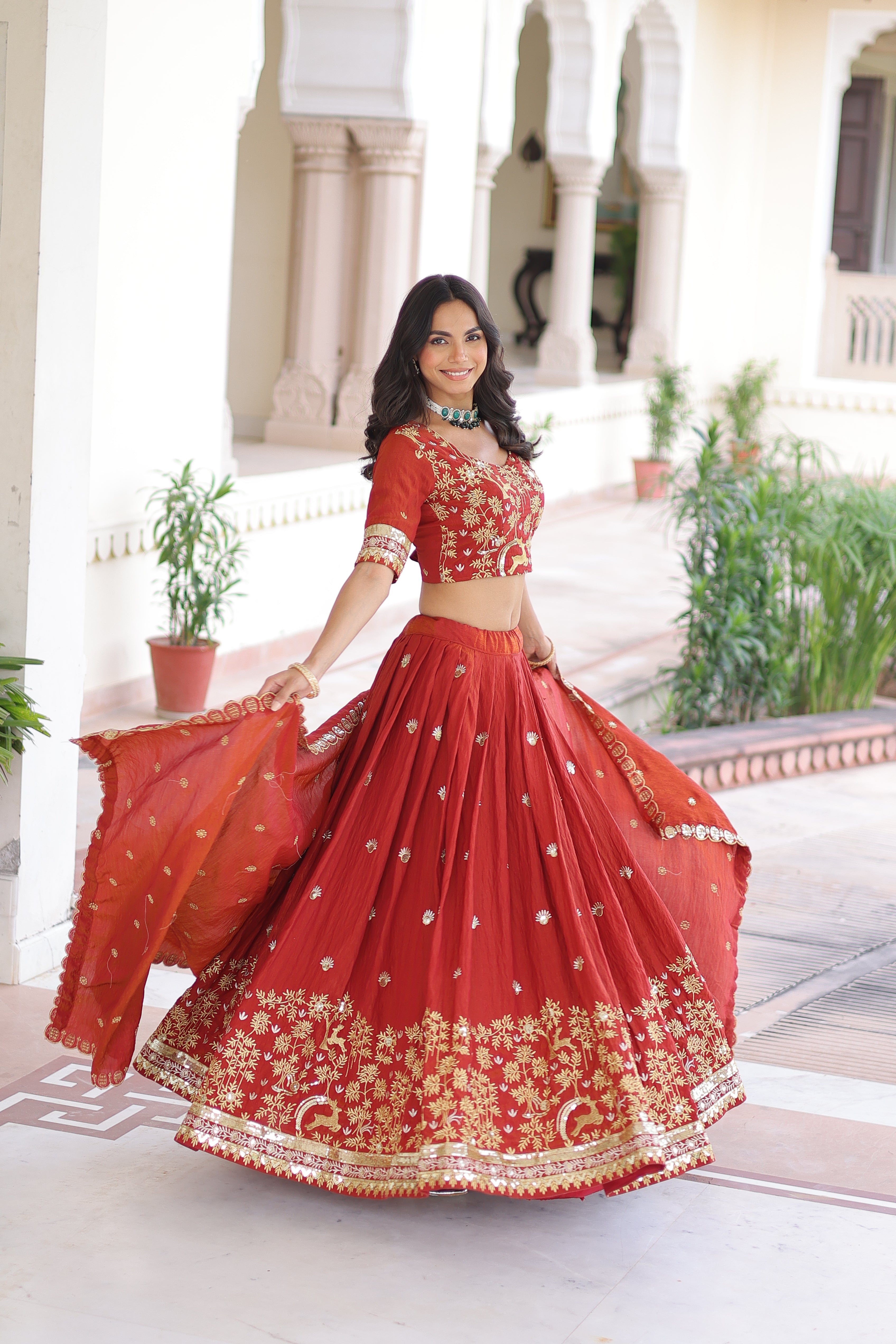 Vichitra Silk Thread Embroidered Lehenga With Dupatta