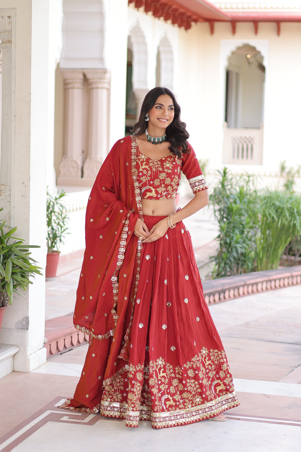 Vichitra Silk Thread Embroidered Lehenga With Dupatta