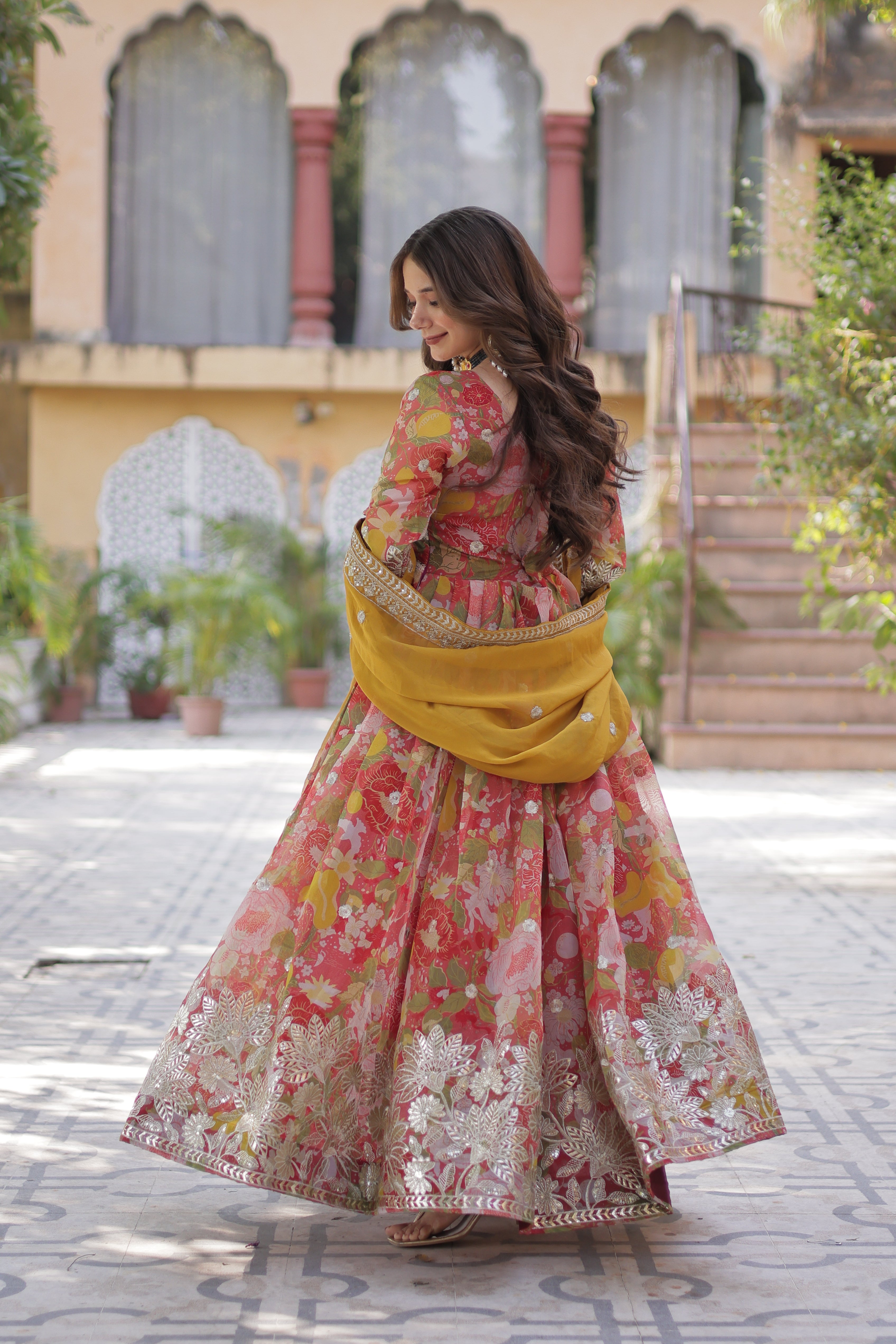 Digital Printed Russian Silk Embroidered Gown With Dupatta