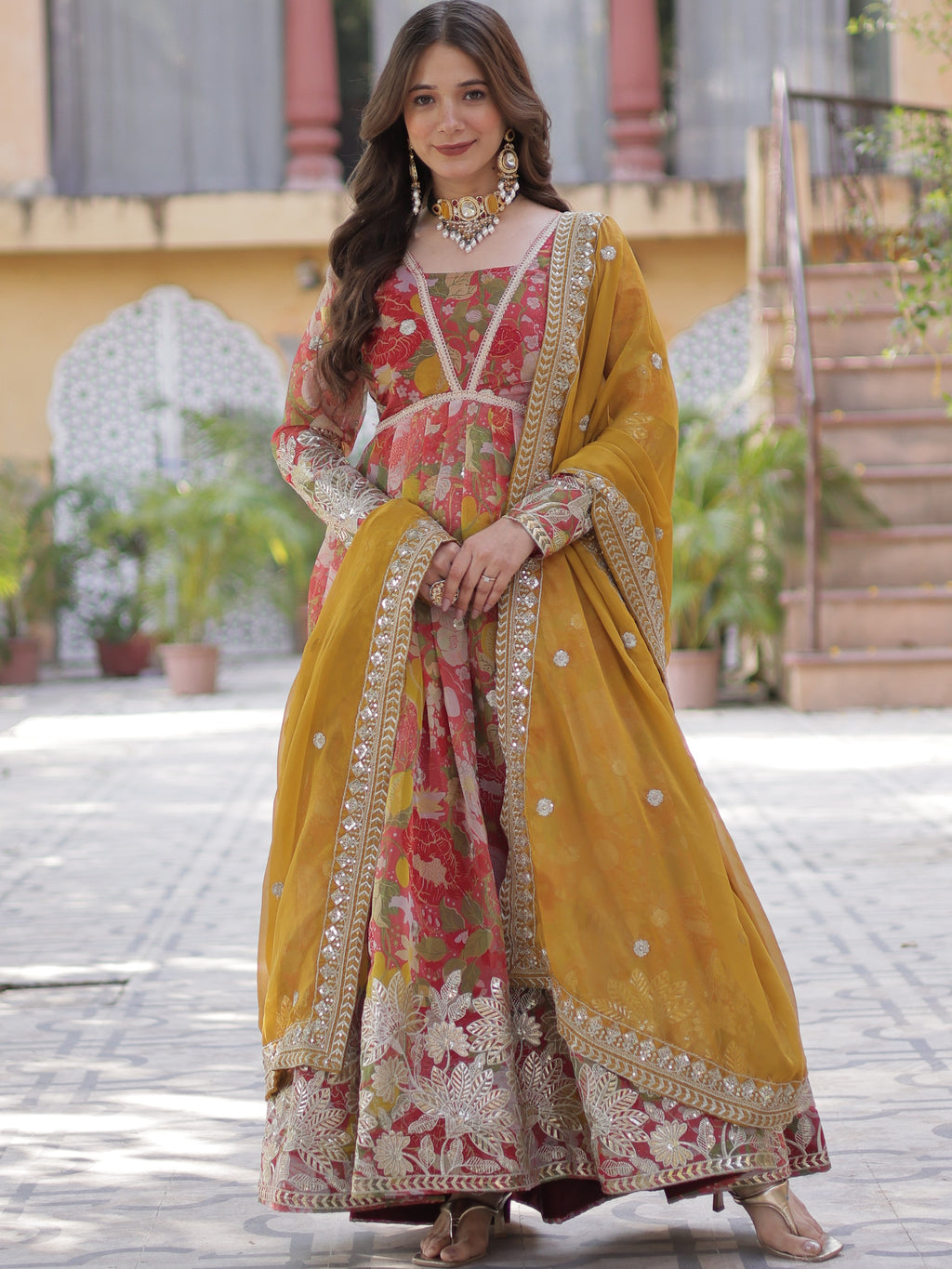 Digital Printed Russian Silk Embroidered Gown With Dupatta