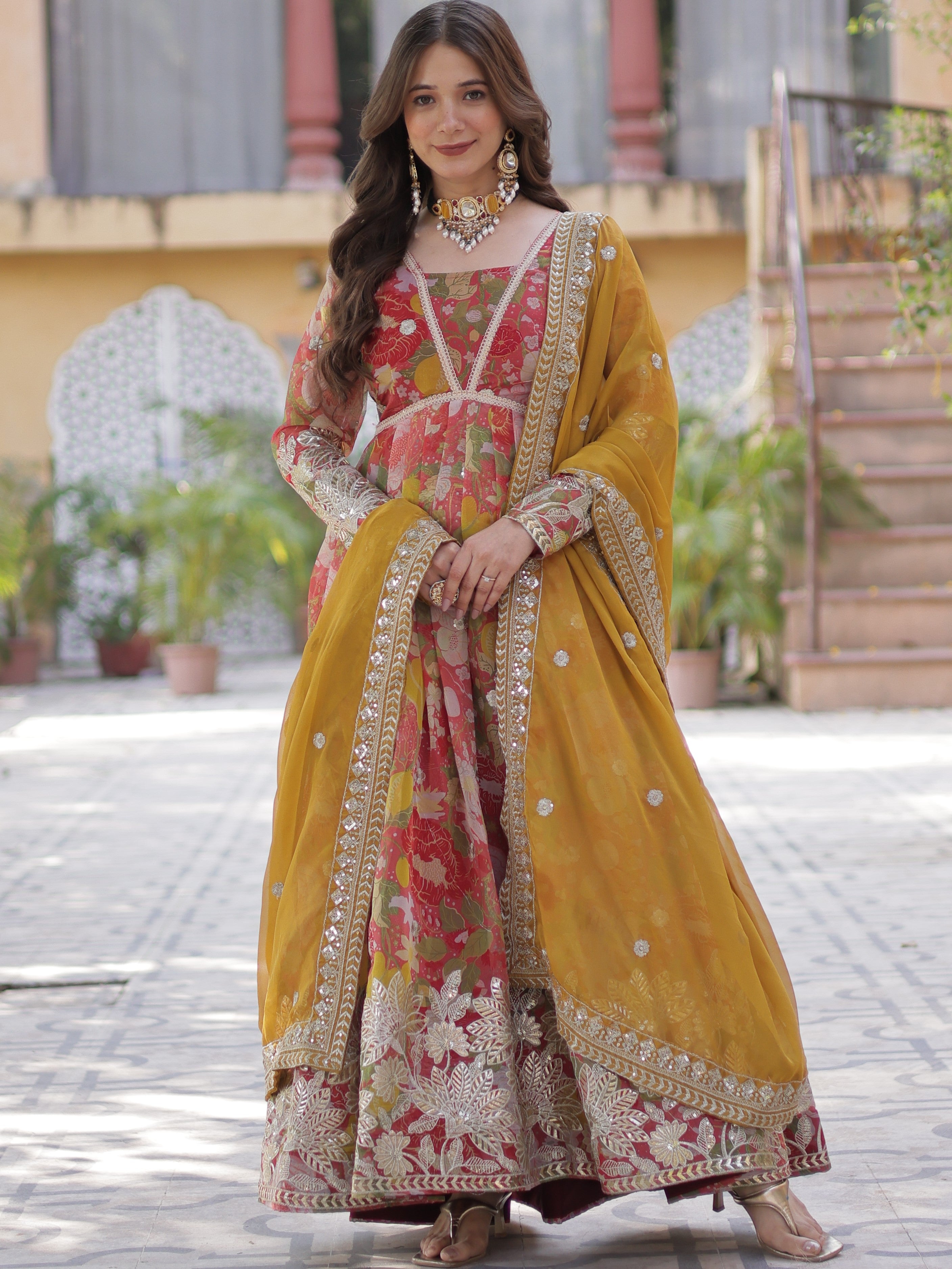 Digital Printed Russian Silk Embroidered Gown With Dupatta