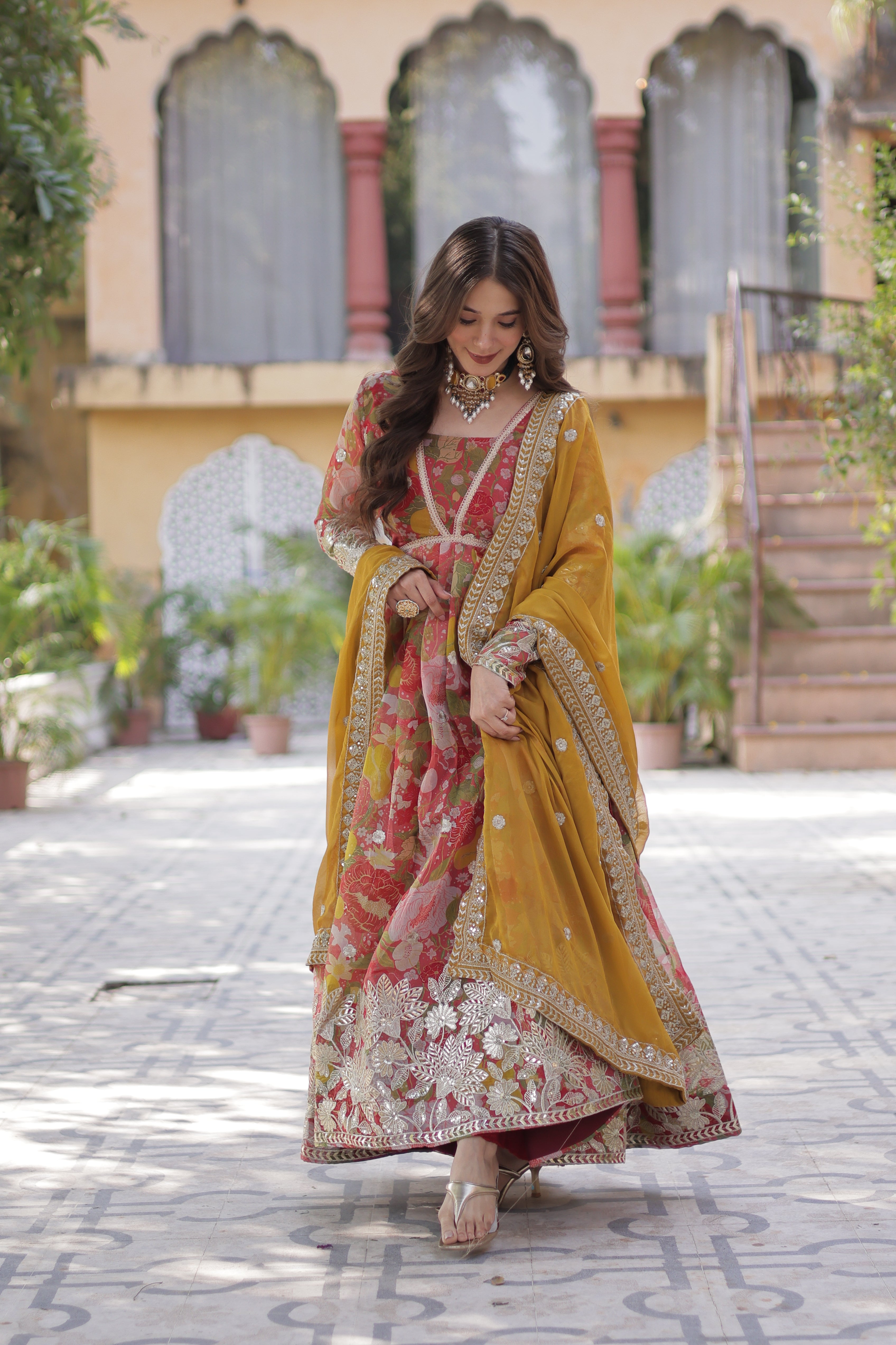 Digital Printed Russian Silk Embroidered Gown With Dupatta