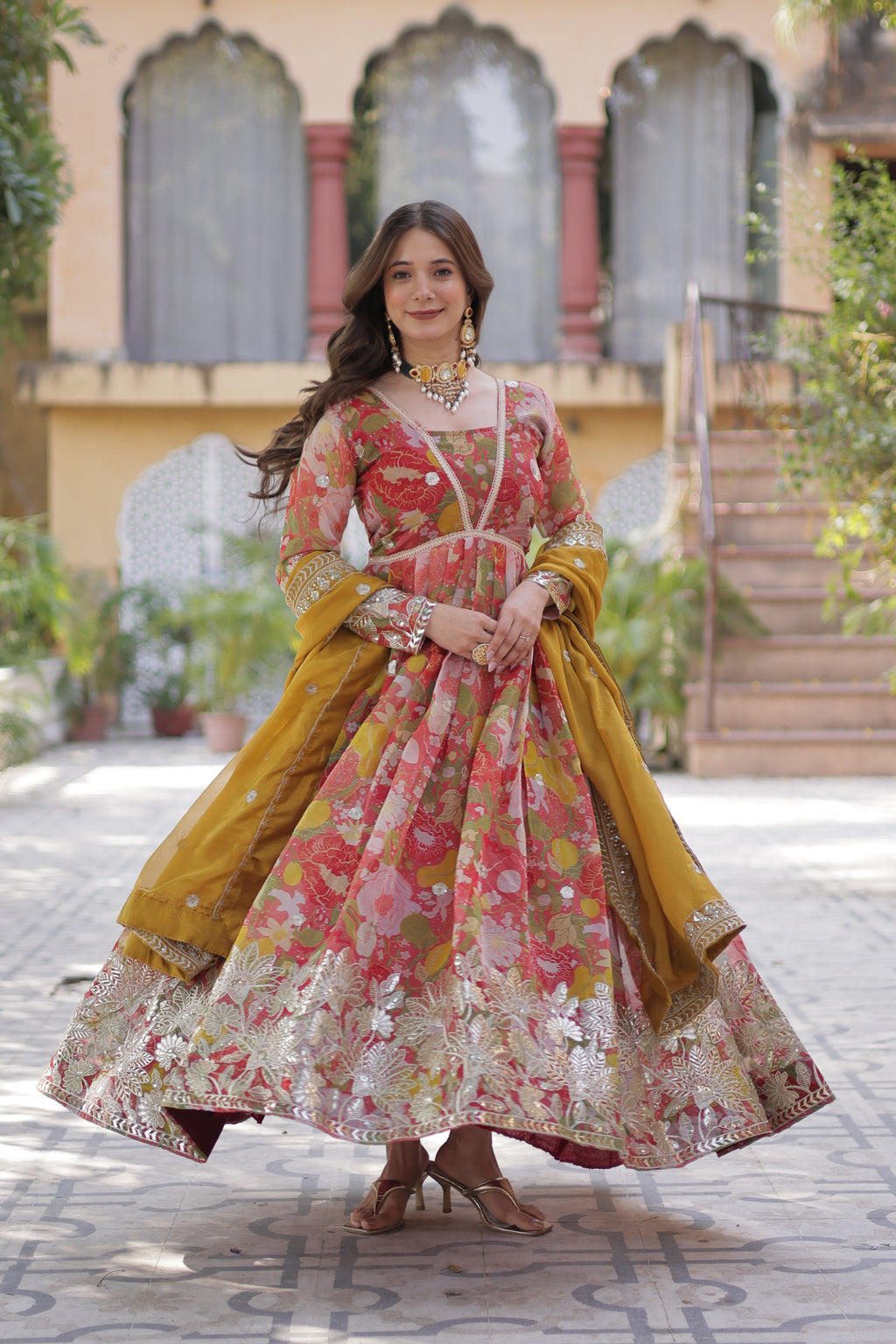 Digital Printed Russian Silk Embroidered Gown With Dupatta