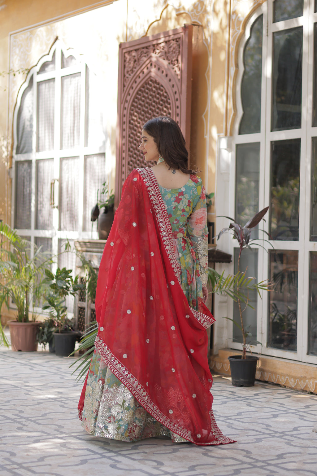 Digital Printed Russian Silk Embroidered Gown With Dupatta