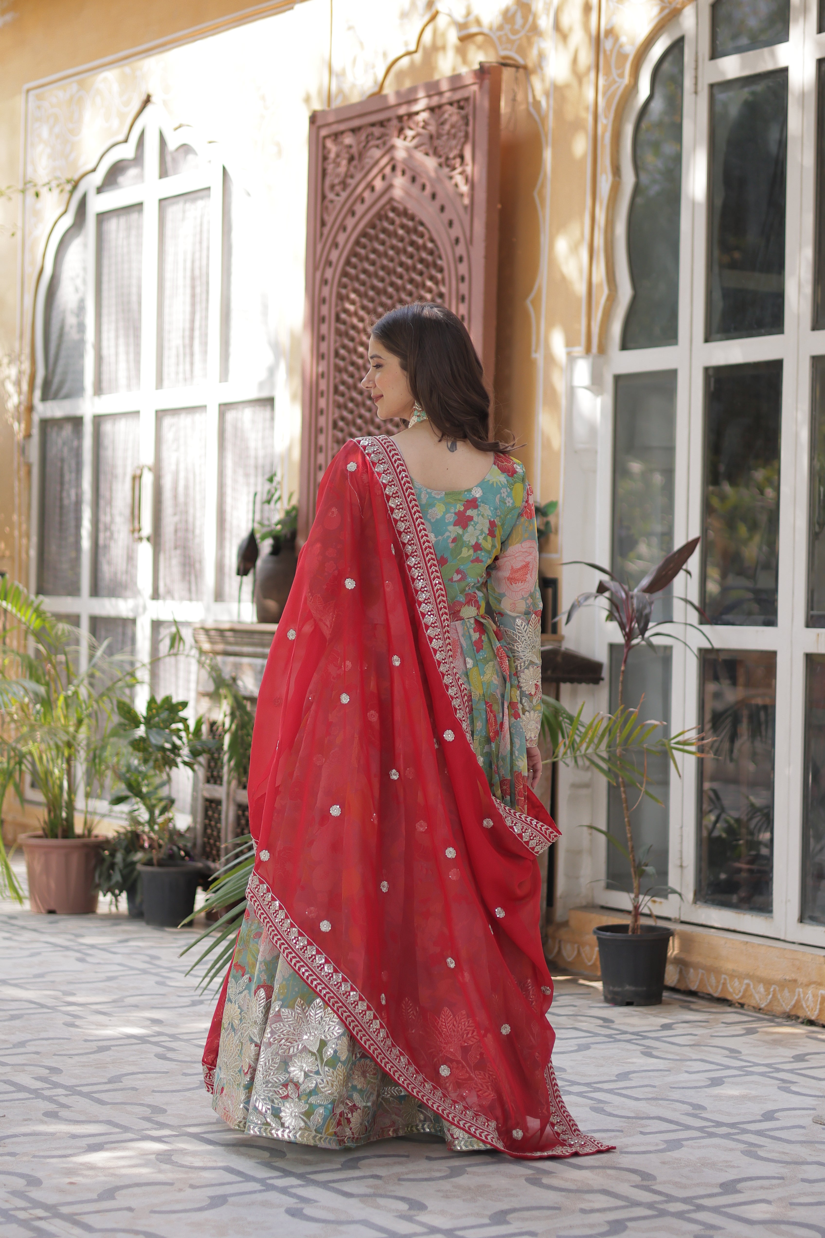 Digital Printed Russian Silk Embroidered Gown With Dupatta