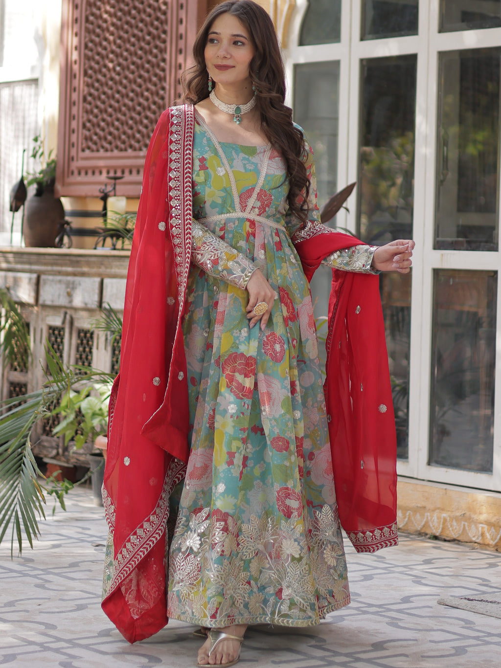 Digital Printed Russian Silk Embroidered Gown With Dupatta