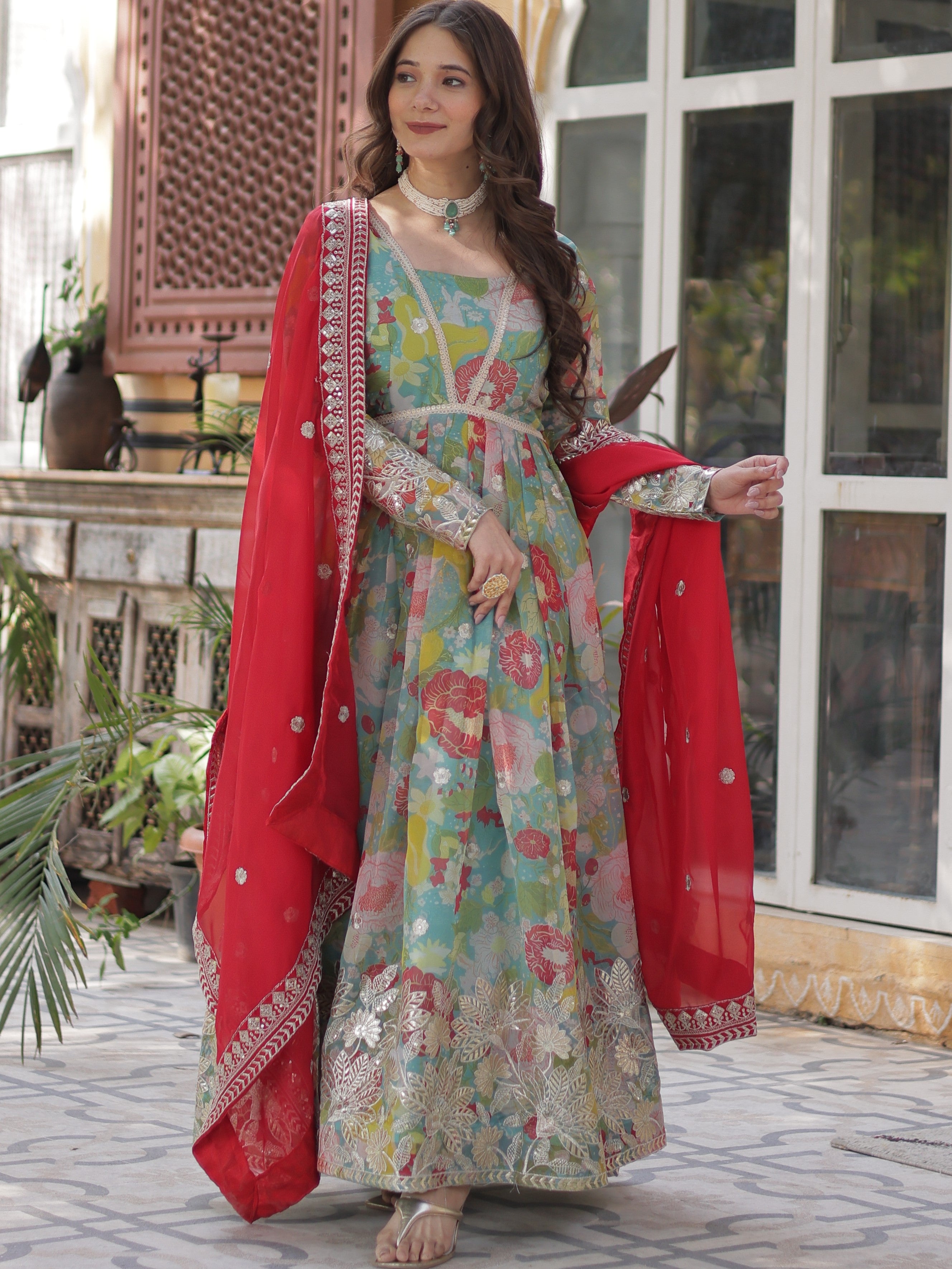 Digital Printed Russian Silk Embroidered Gown With Dupatta