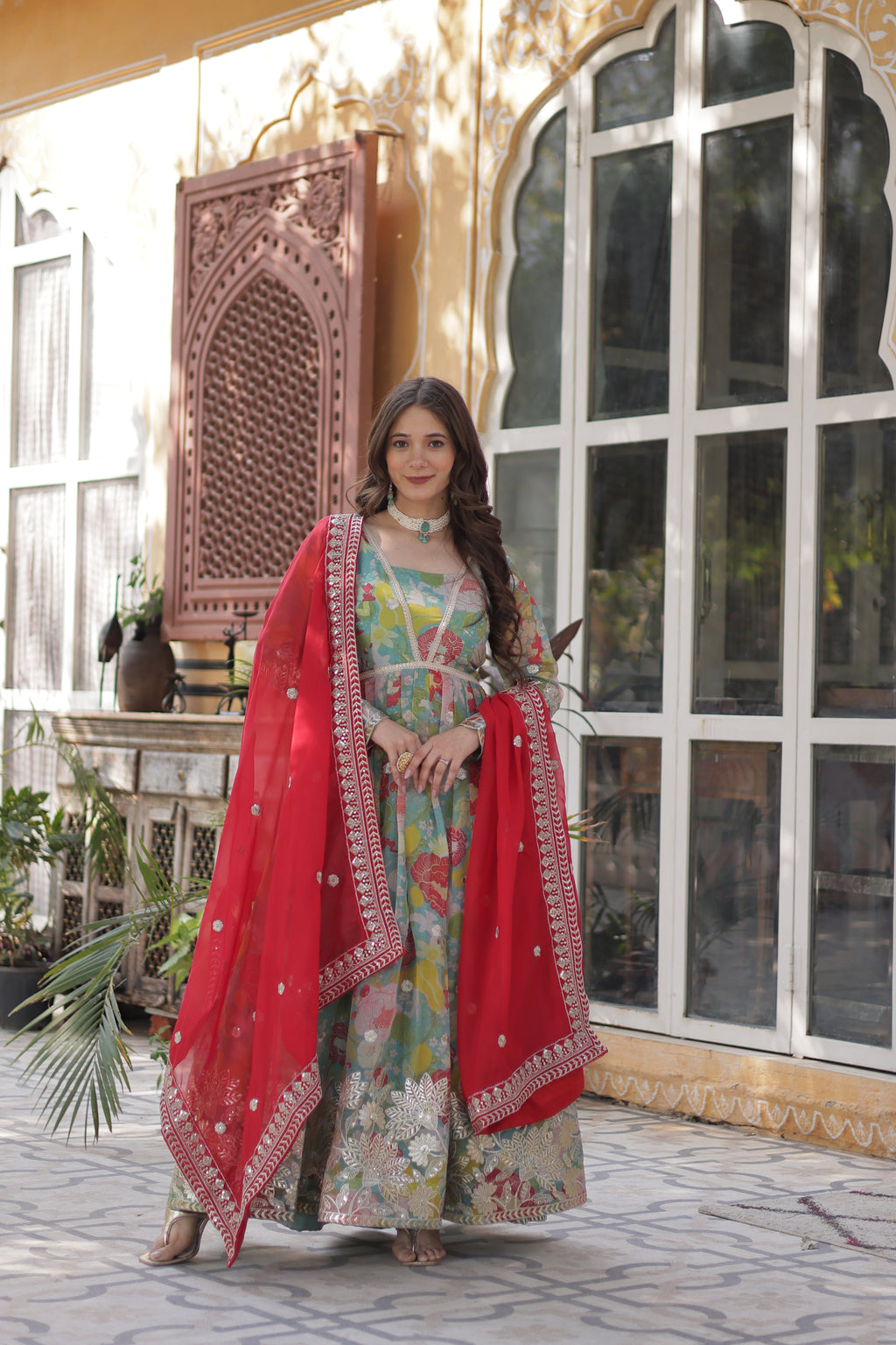 Digital Printed Russian Silk Embroidered Gown With Dupatta