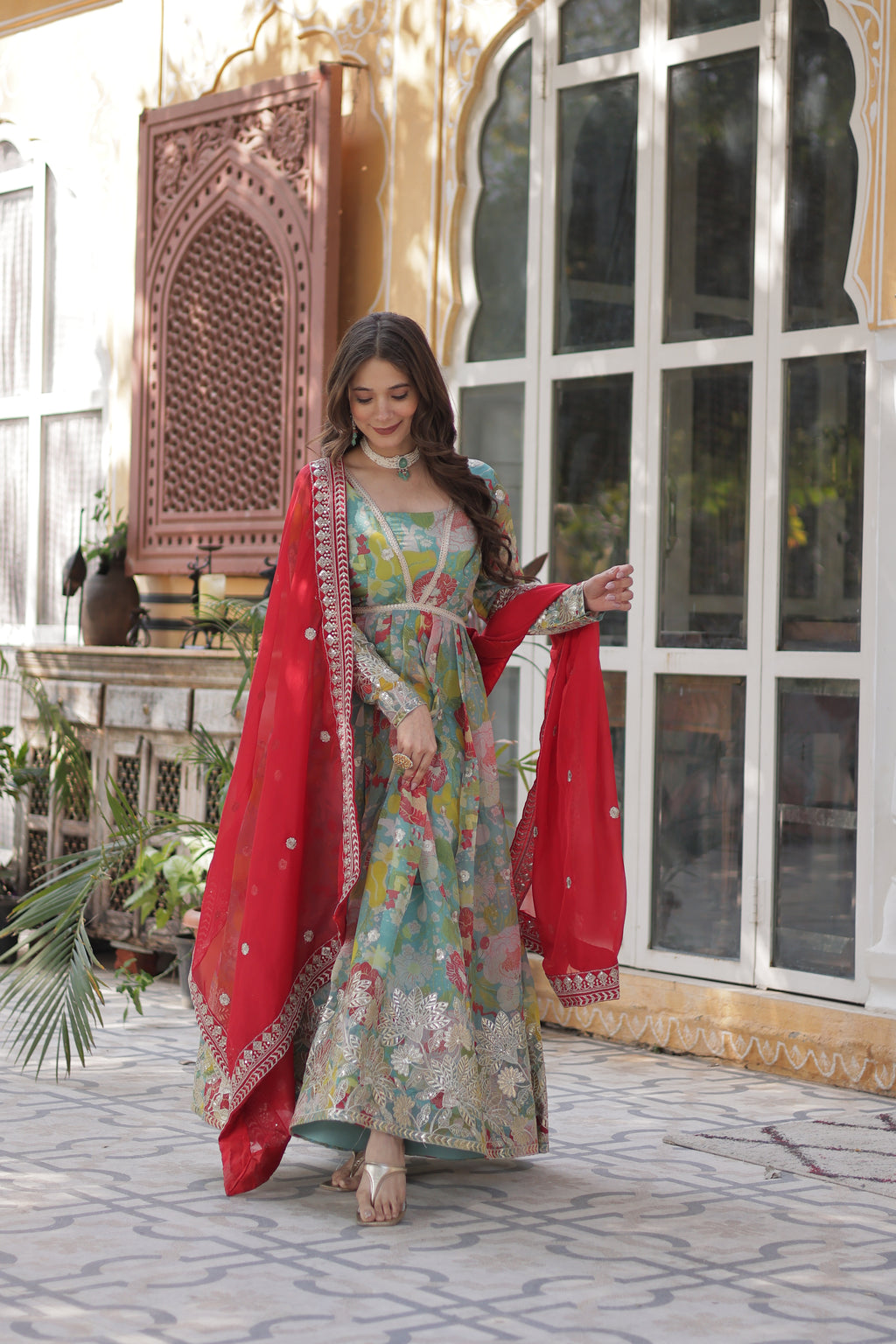 Digital Printed Russian Silk Embroidered Gown With Dupatta