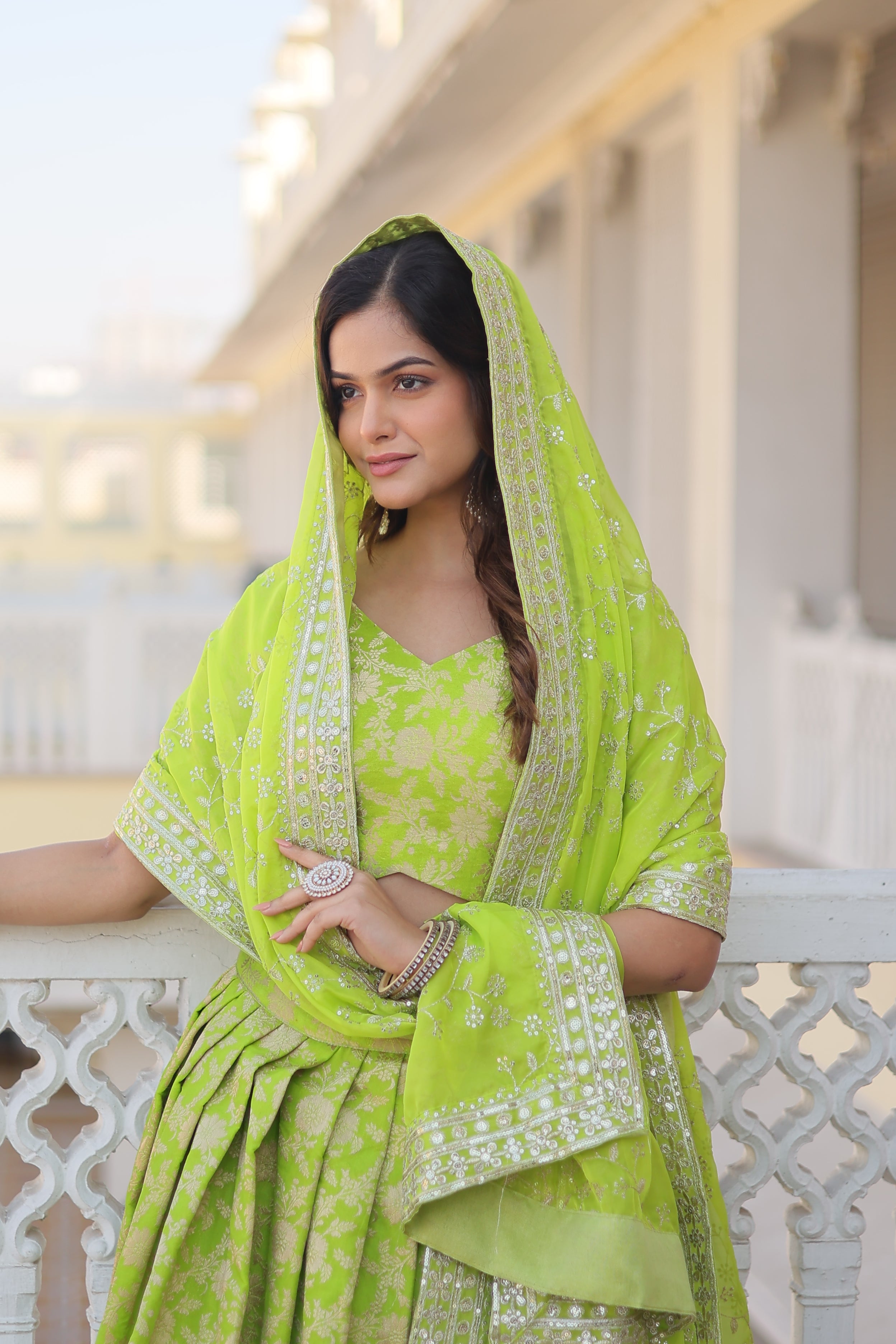 Viscose Jacquard Embroidered Lehenga With Russian Silk Dupatta