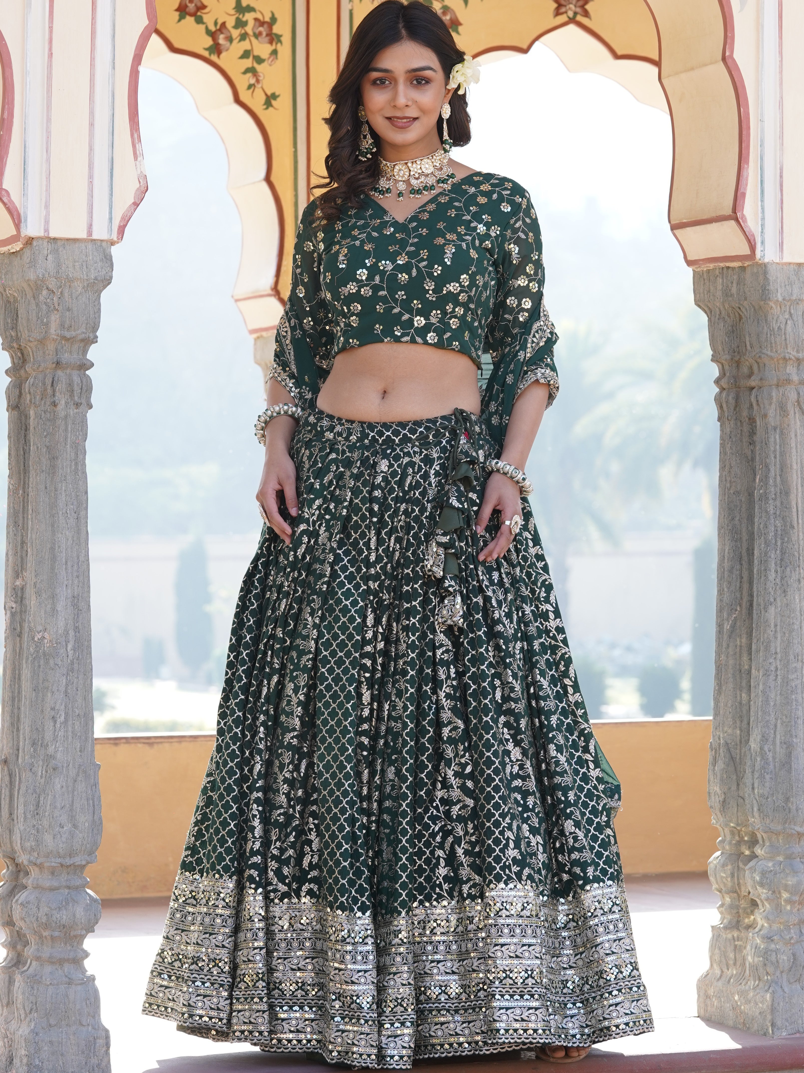 Viscose Jacquard Embroidered Lehenga With Faux Blooming Dupatta