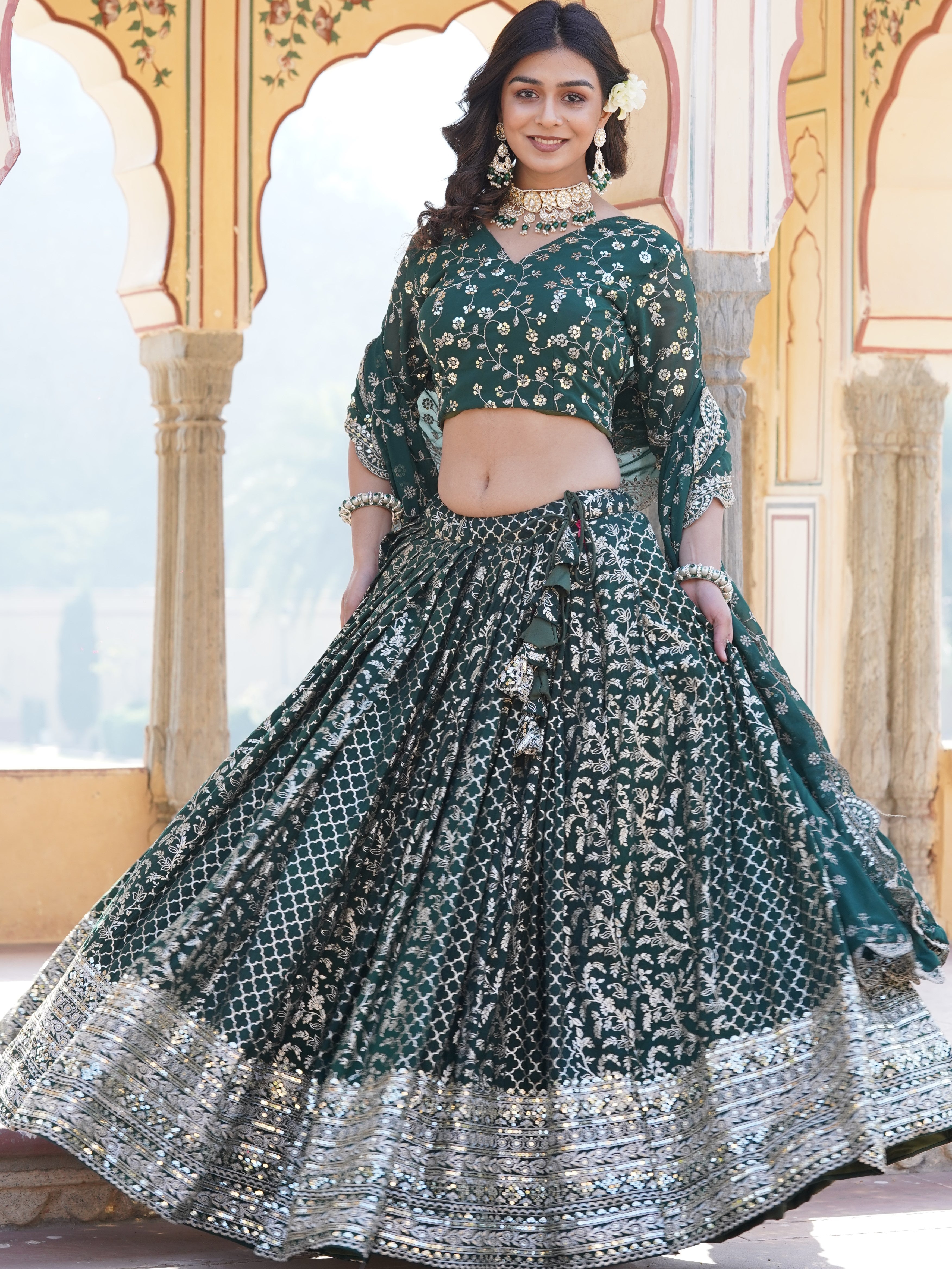 Viscose Jacquard Embroidered Lehenga With Faux Blooming Dupatta