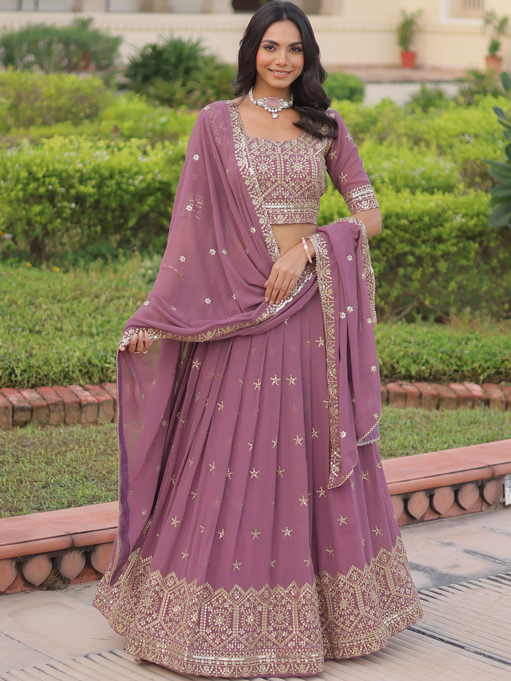 Faux Georgette Embroidered Lehenga For Women