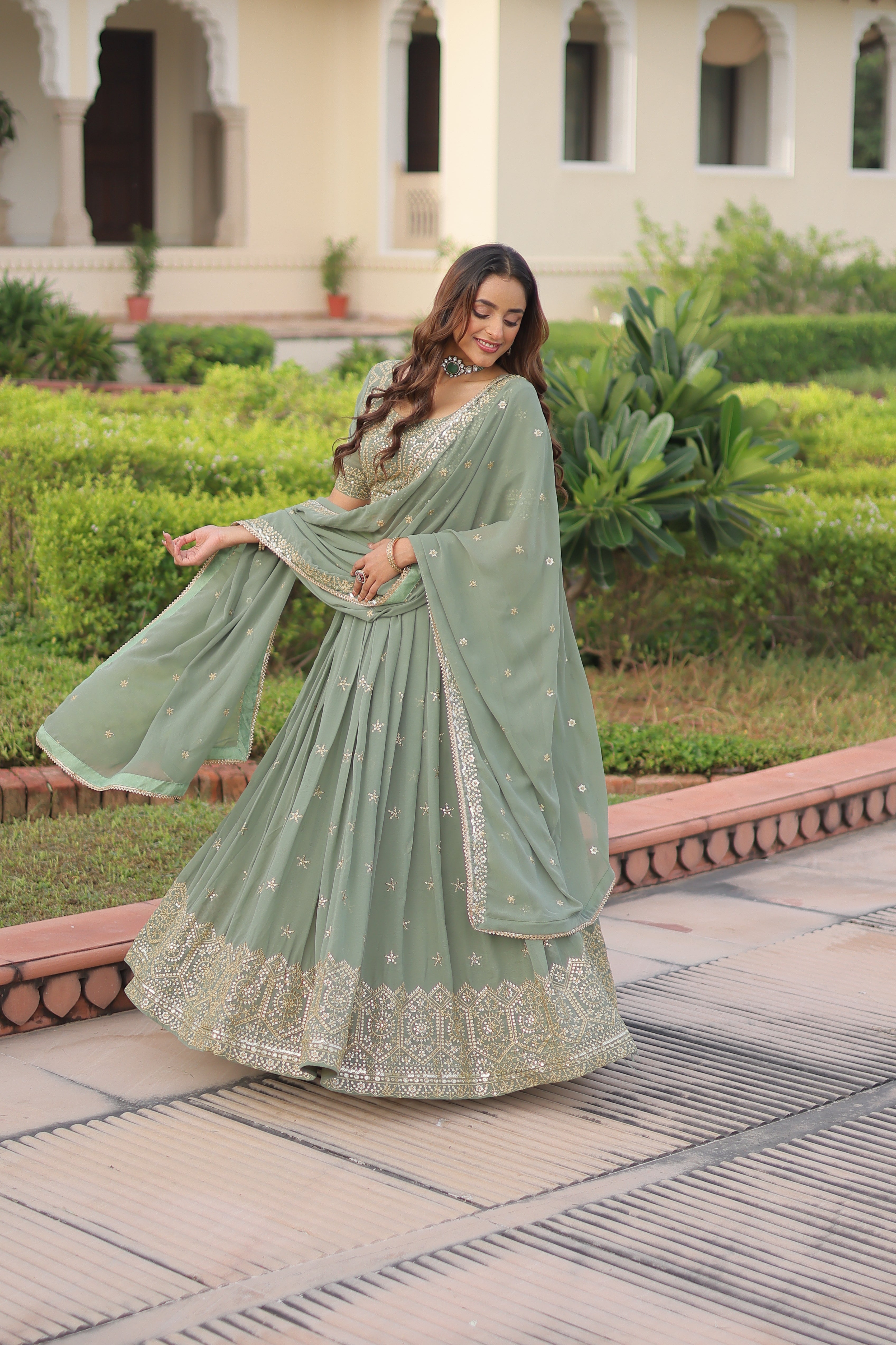 Faux Georgette Embroidered Lehenga For Women