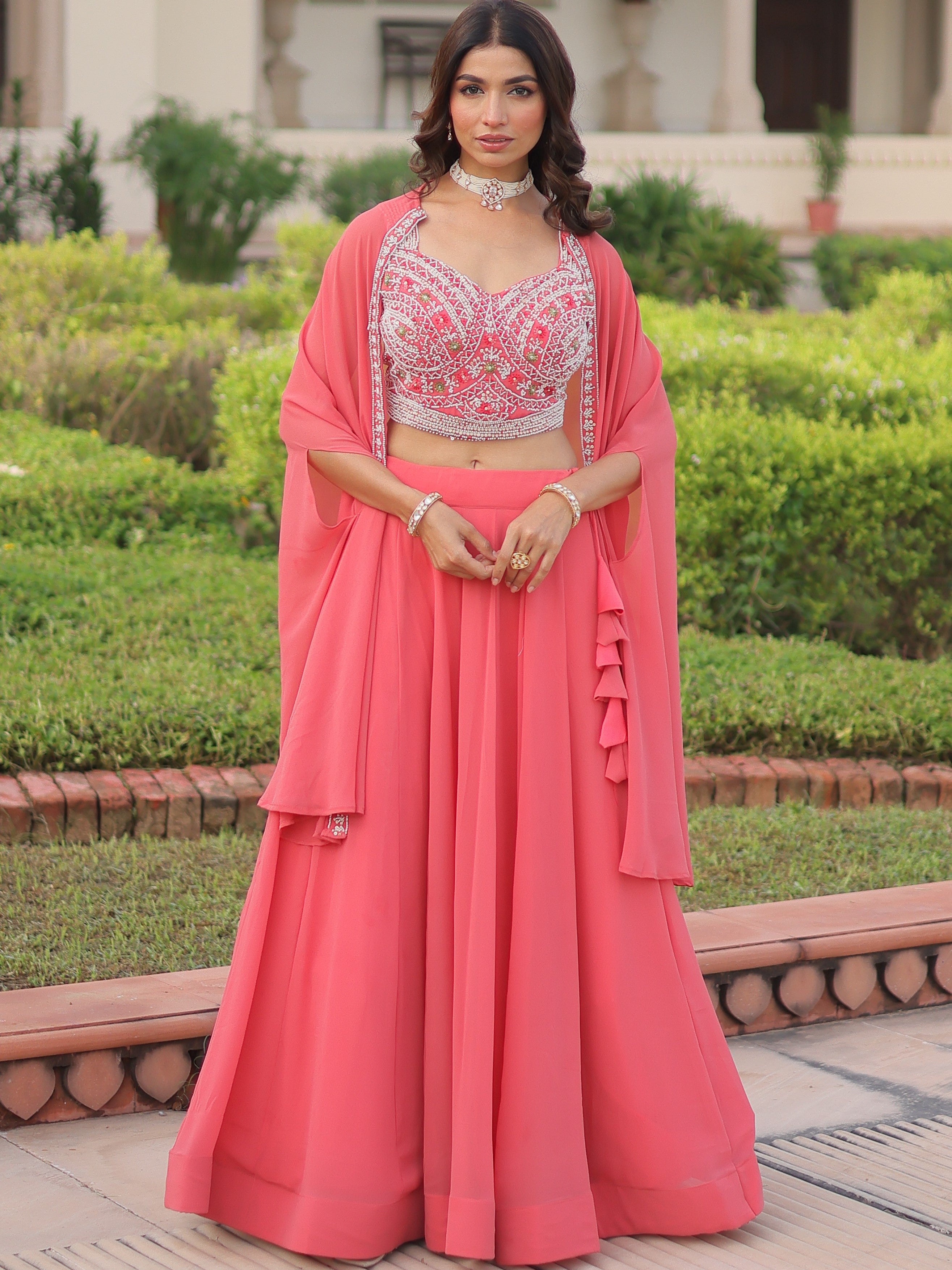 Faux Georgette Embroidered Lehenga With Shrug