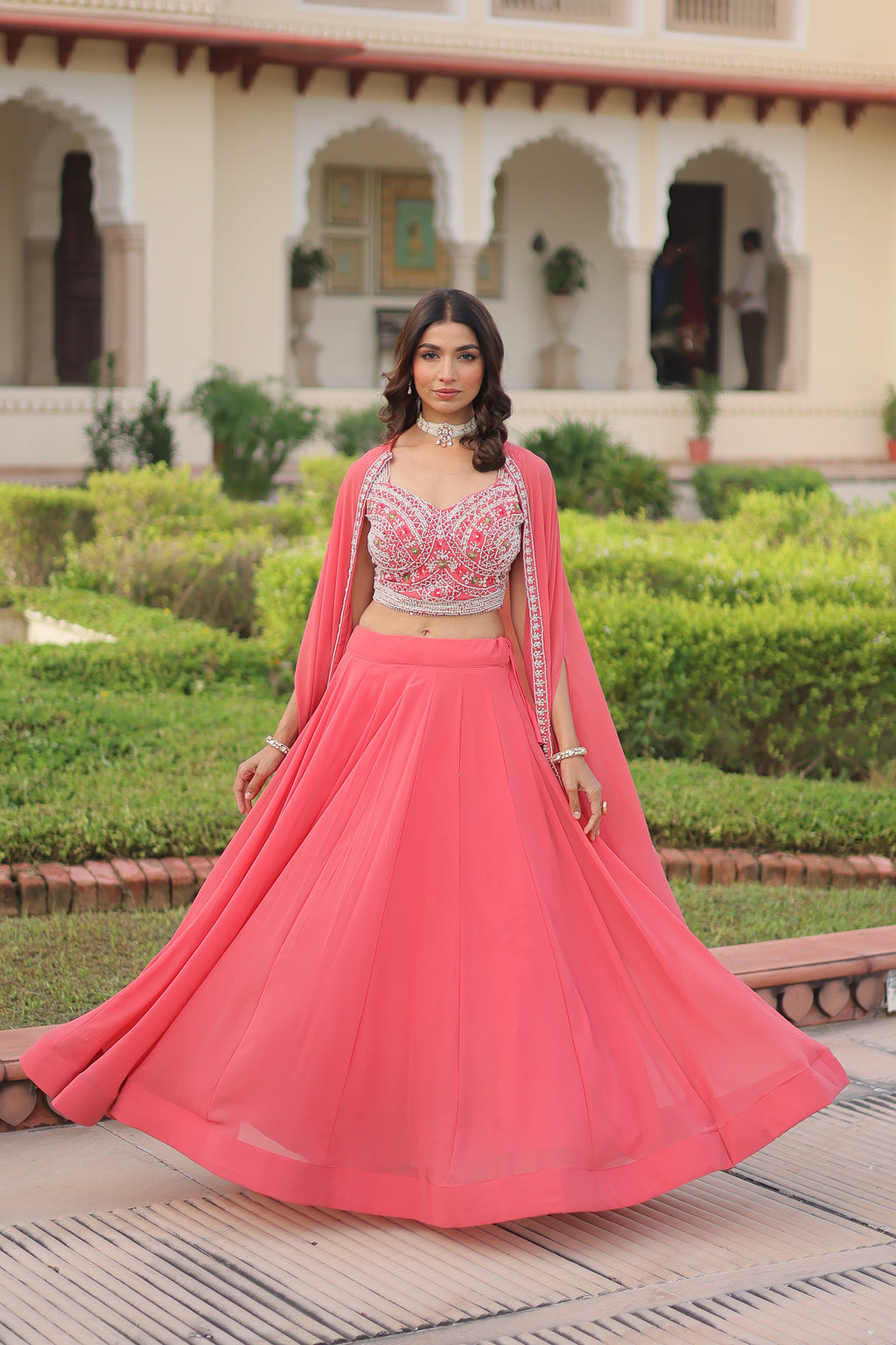 Faux Georgette Embroidered Lehenga With Shrug