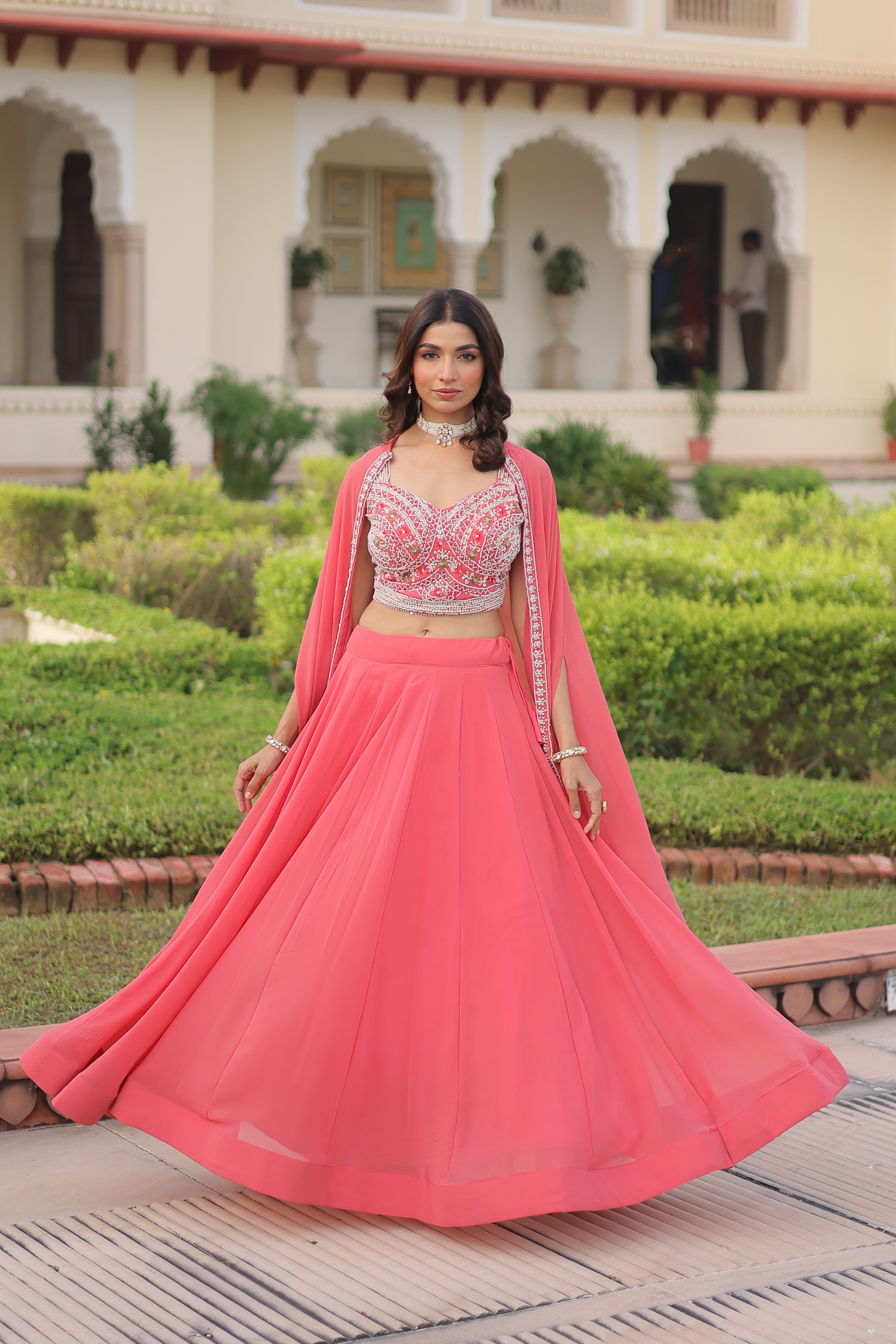 Faux Georgette Embroidered Lehenga With Shrug