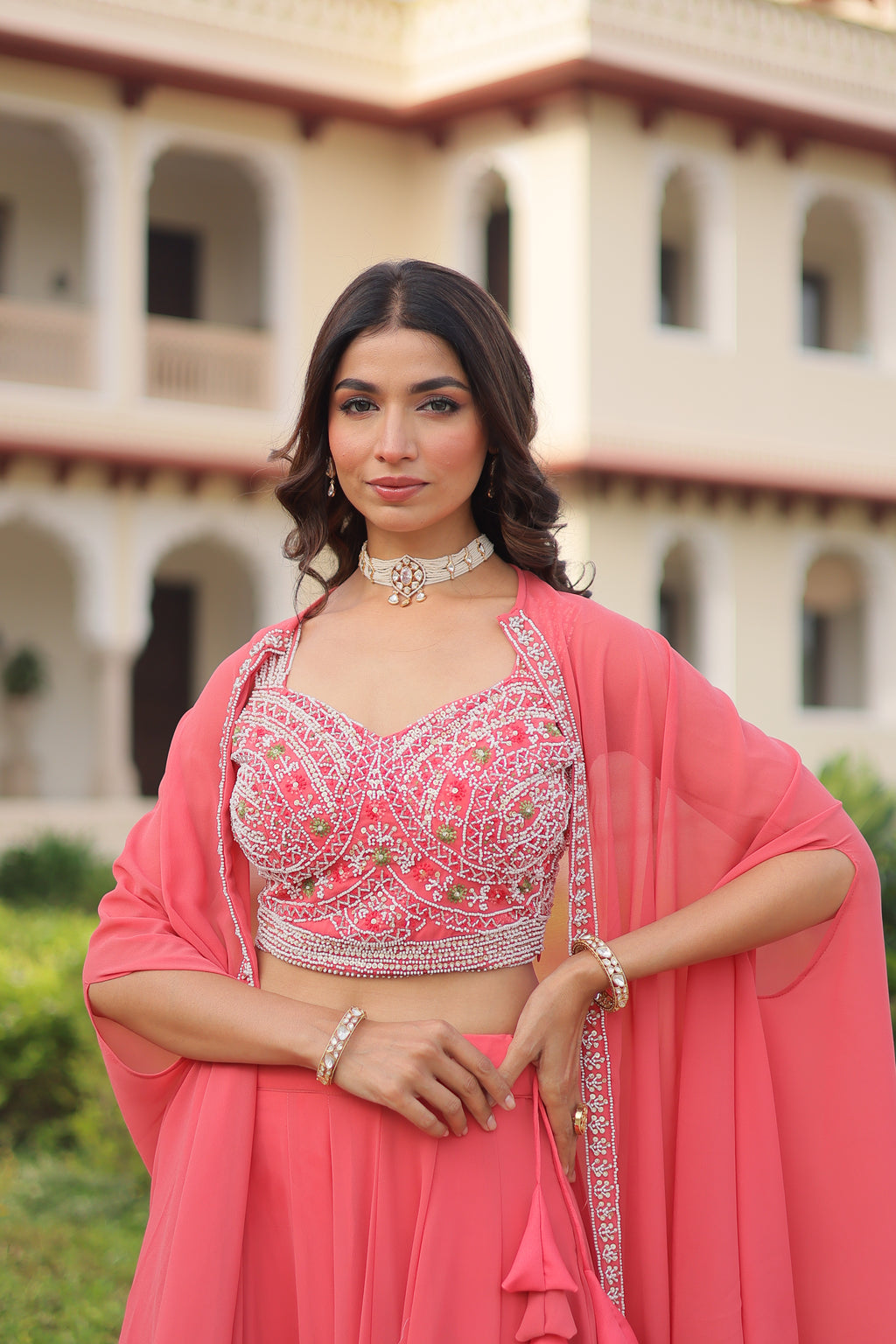 Faux Georgette Embroidered Lehenga With Shrug