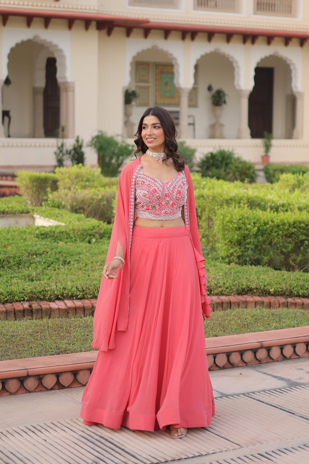 Faux Georgette Embroidered Lehenga With Shrug