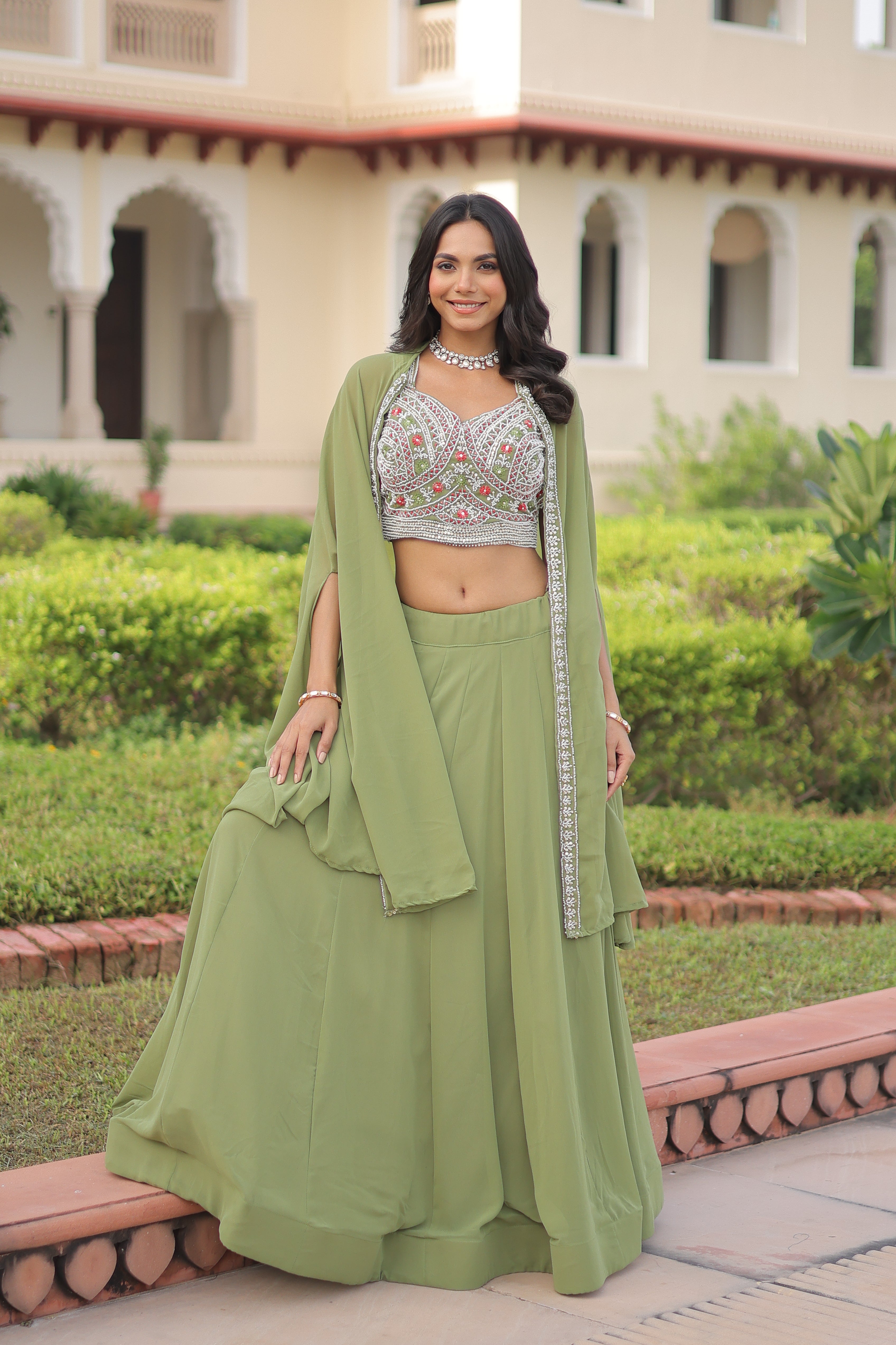Faux Georgette Embroidered Lehenga With Shrug