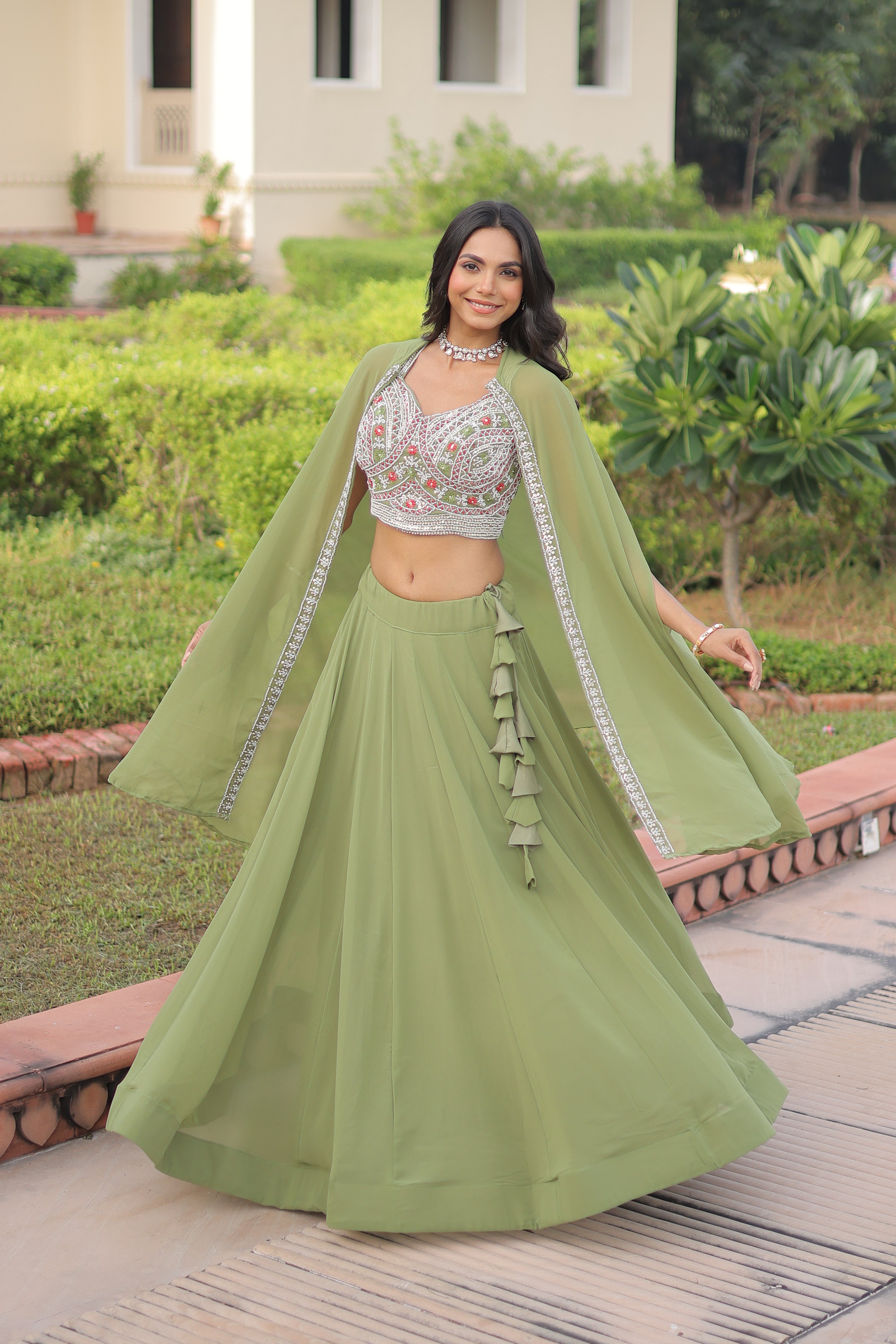 Faux Georgette Embroidered Lehenga With Shrug