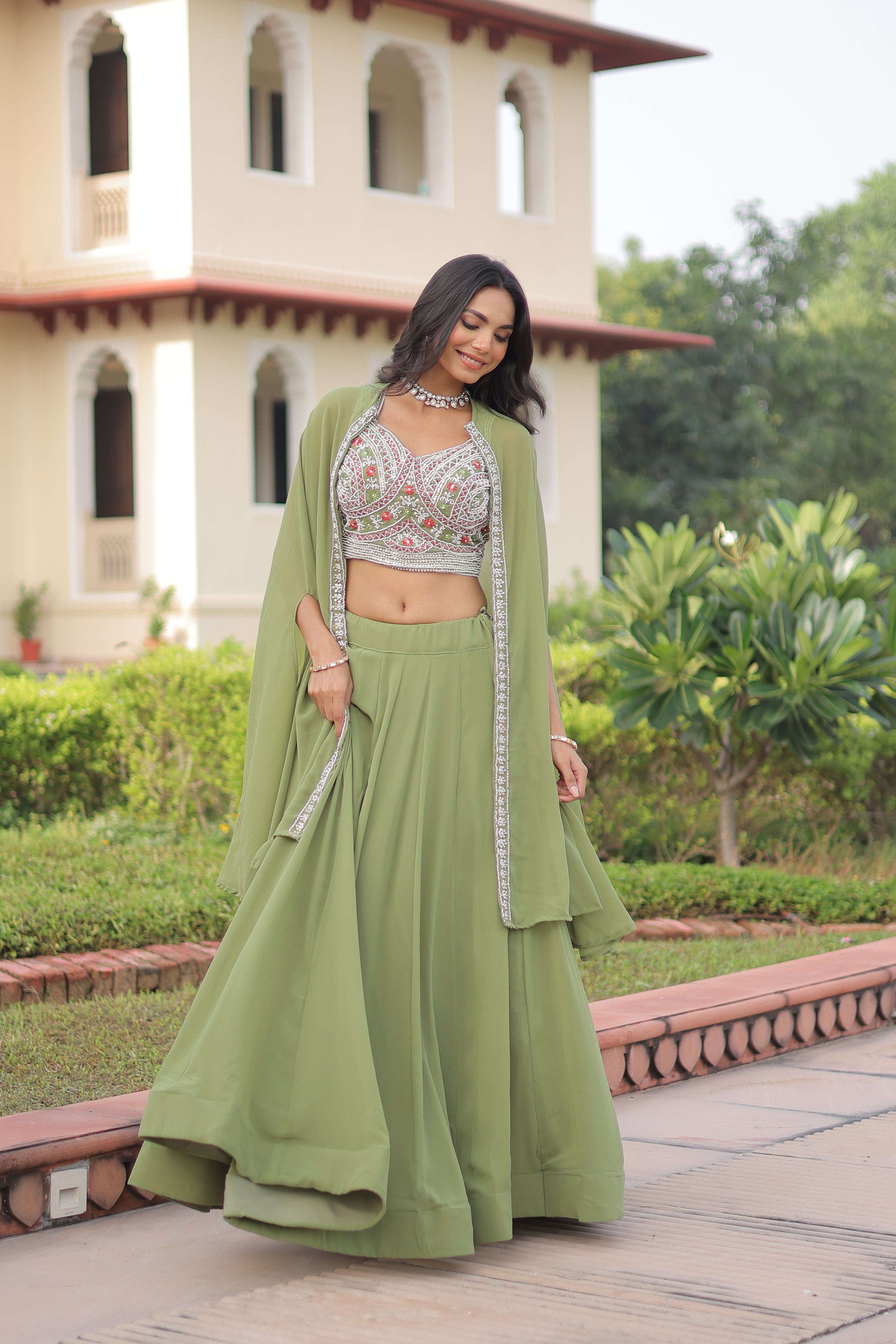 Faux Georgette Embroidered Lehenga With Shrug