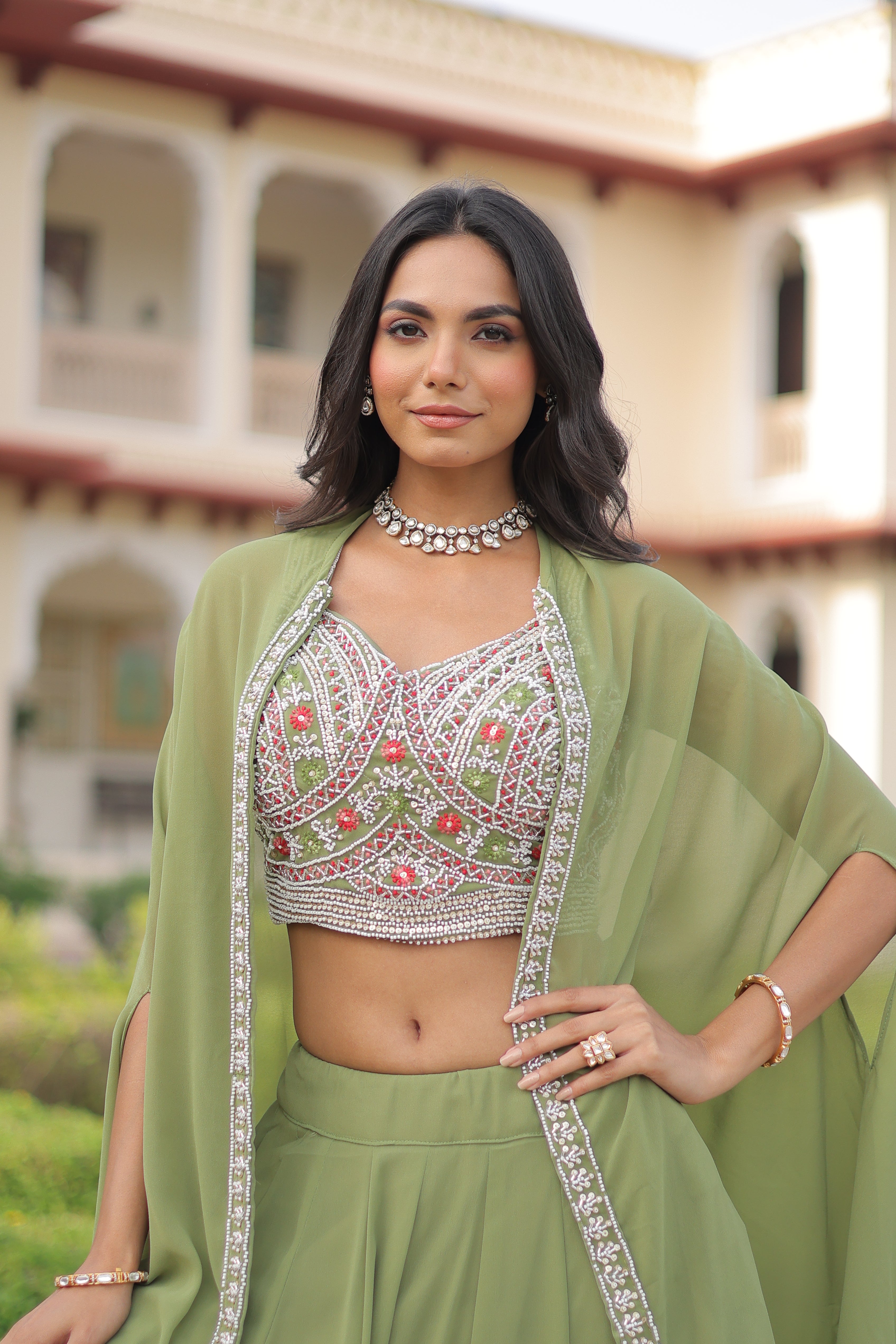 Faux Georgette Embroidered Lehenga With Shrug