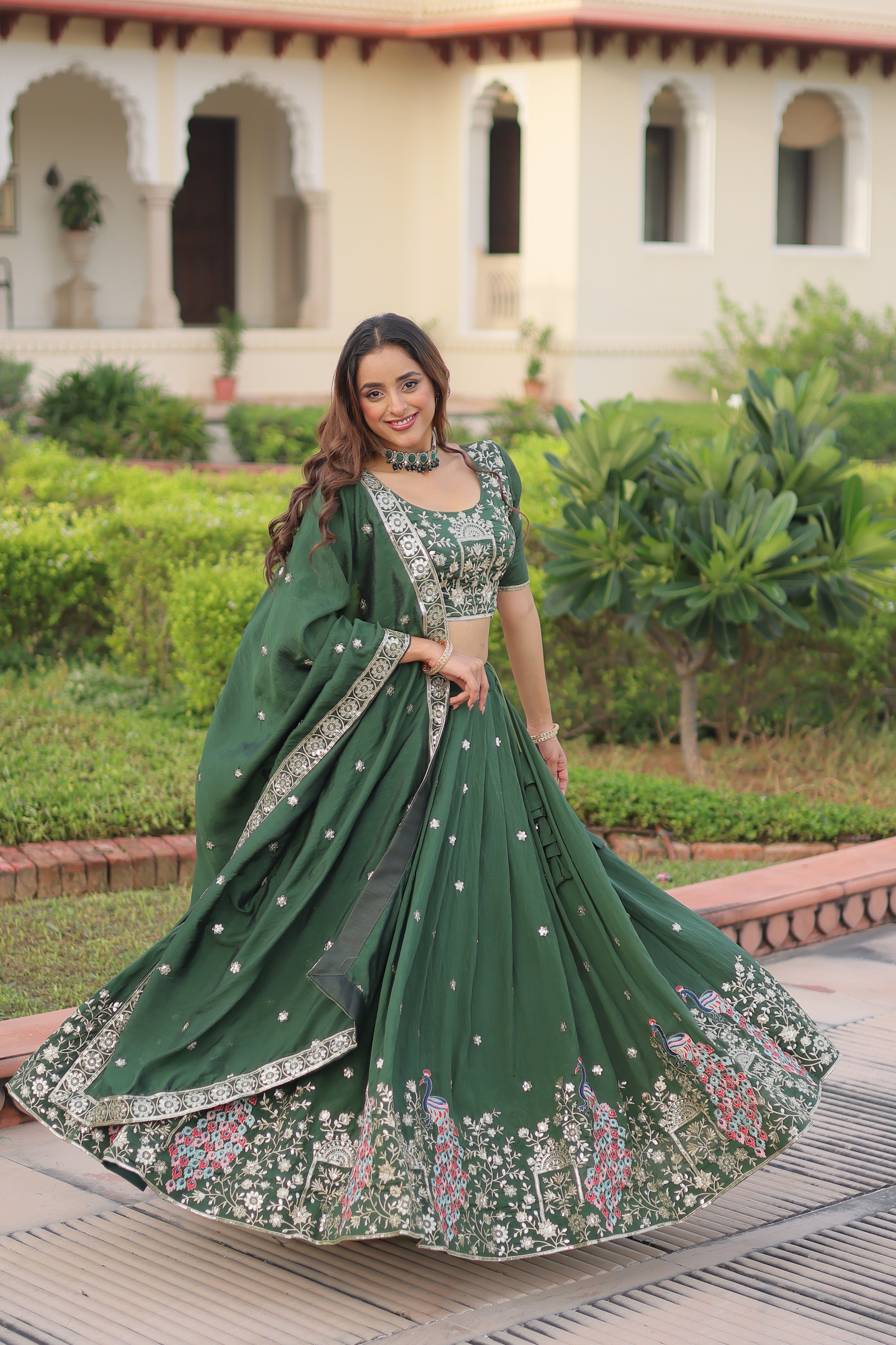 Vichitra Silk Thread Embroidered Lehenga With Dupatta