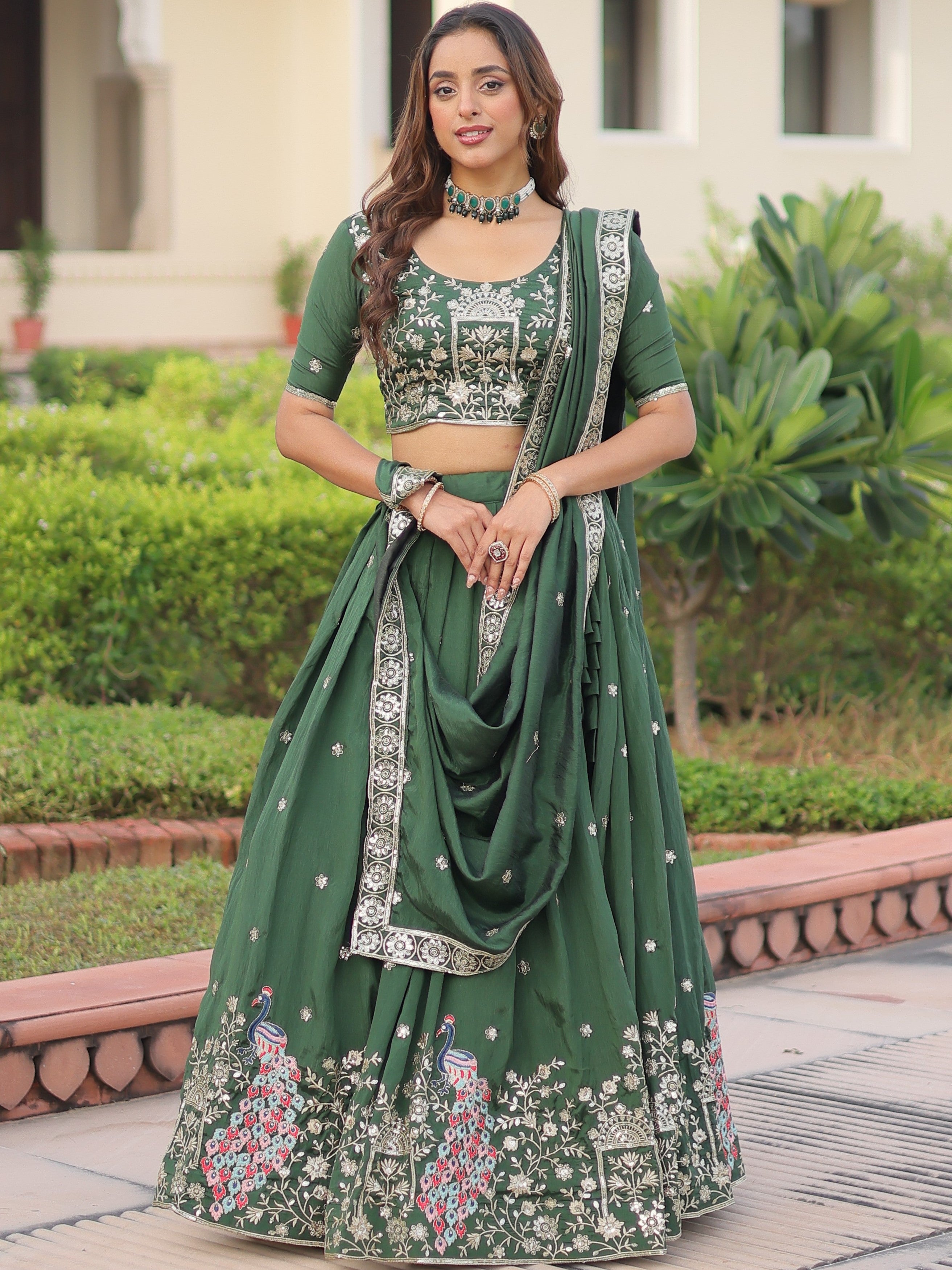 Vichitra Silk Thread Embroidered Lehenga With Dupatta