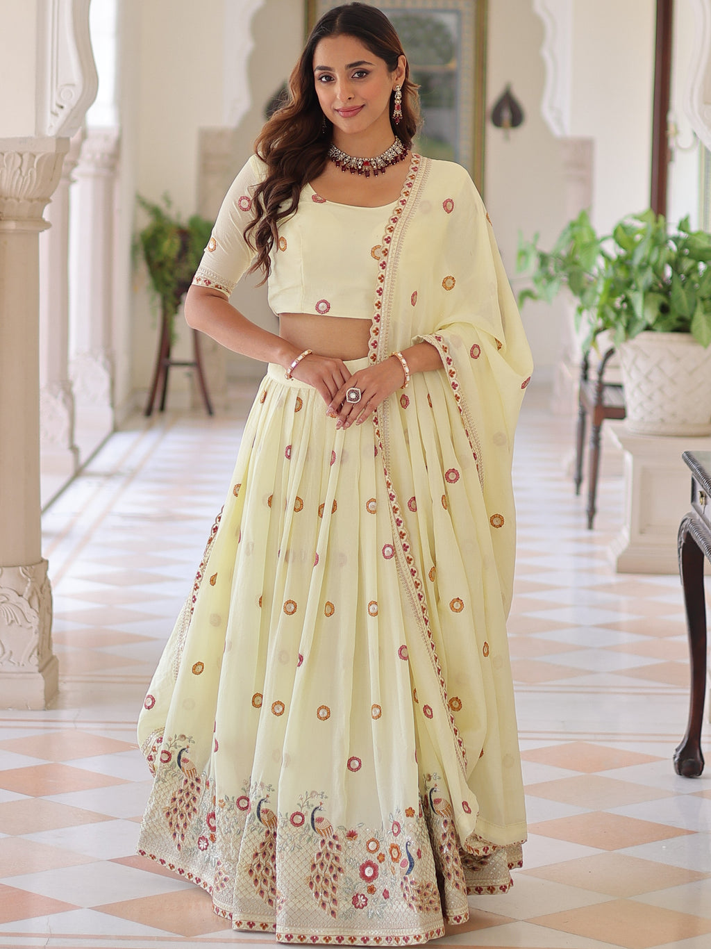 Vichitra Silk Multi Thread Embroidered Lehenga With Dupatta