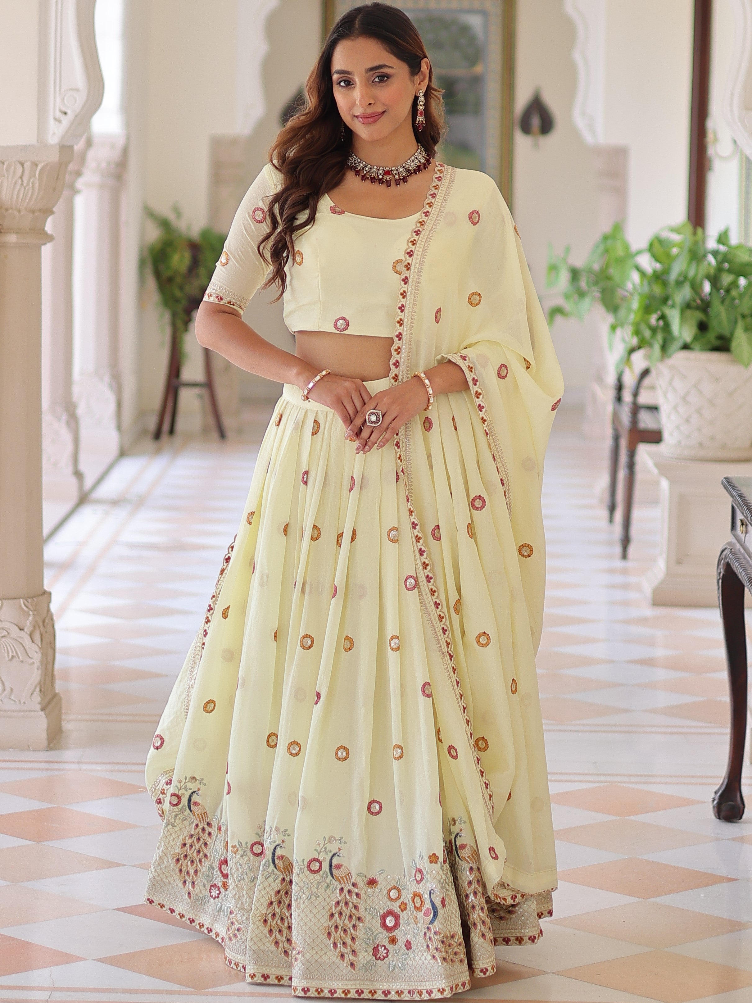 Vichitra Silk Multi Thread Embroidered Lehenga With Dupatta