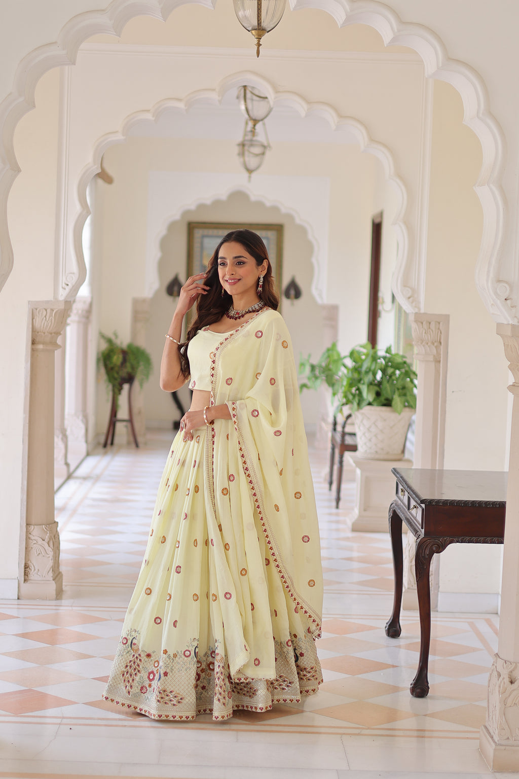 Vichitra Silk Multi Thread Embroidered Lehenga With Dupatta