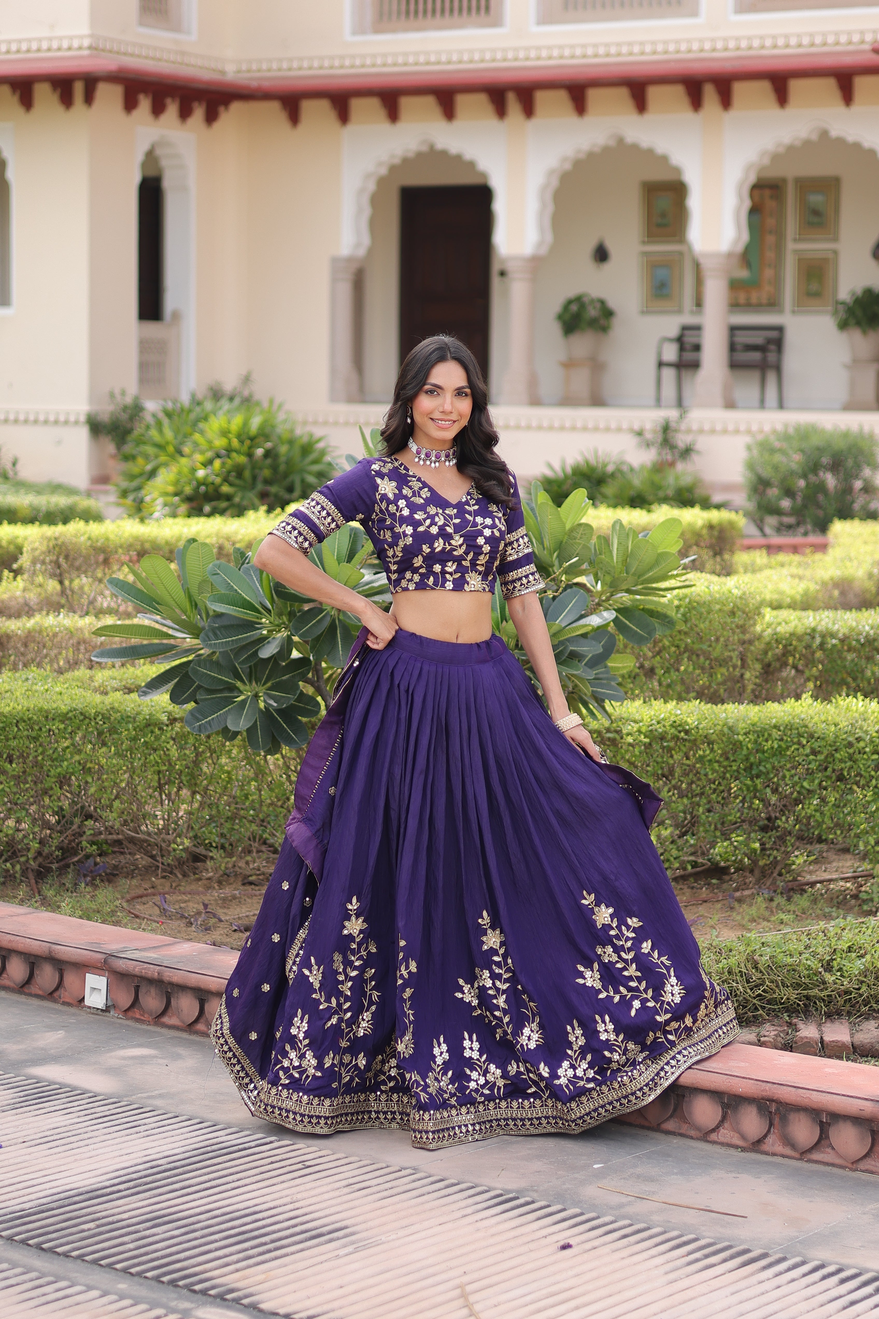 Vichitra Silk Embroidered Lehenga With Dupatta