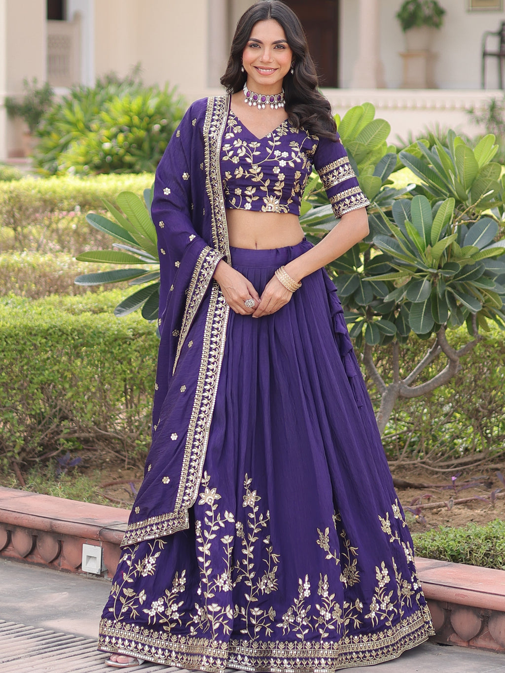 Vichitra Silk Embroidered Lehenga With Dupatta