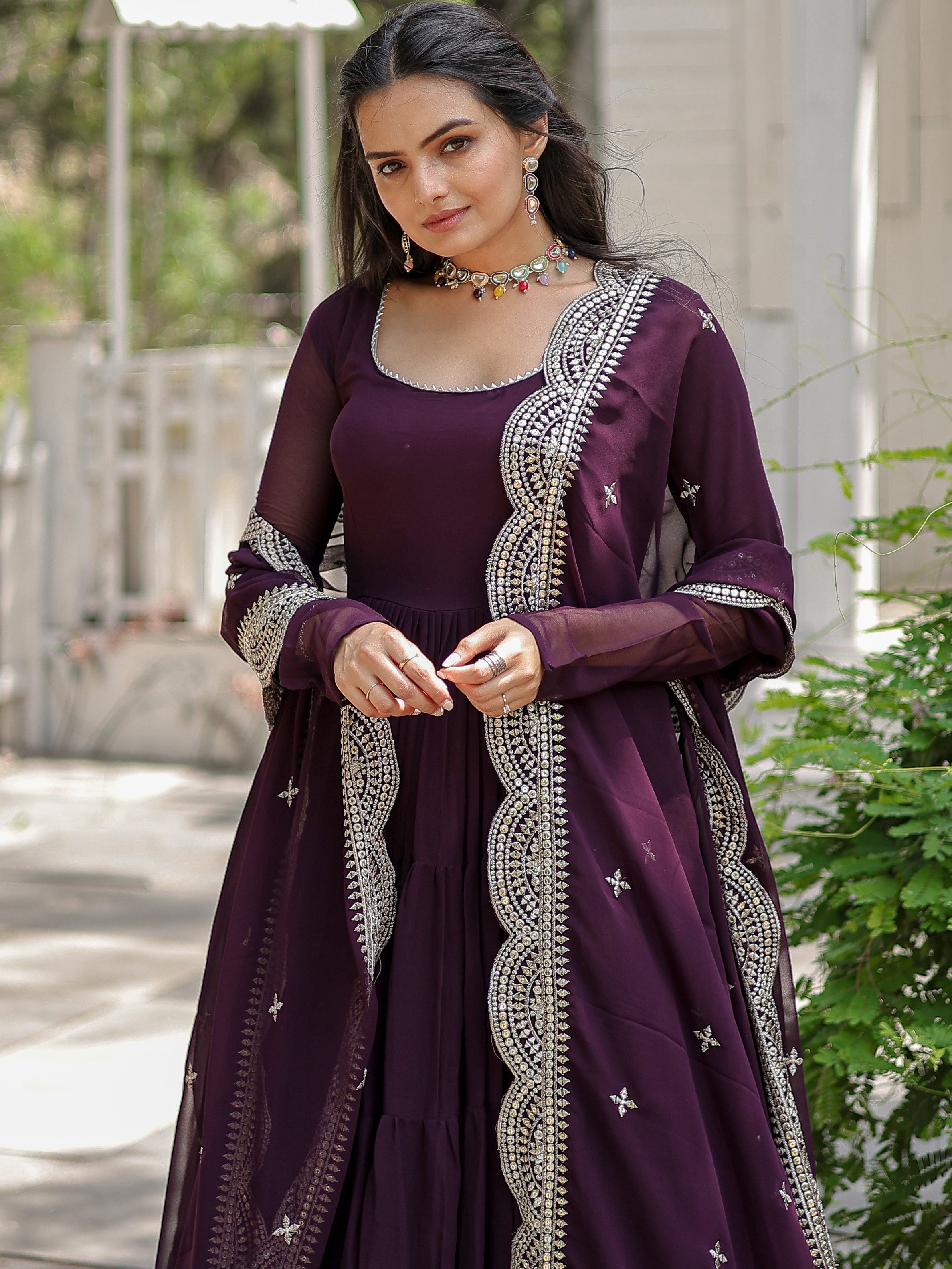 Faux Georgette Embroidered Gown For Women