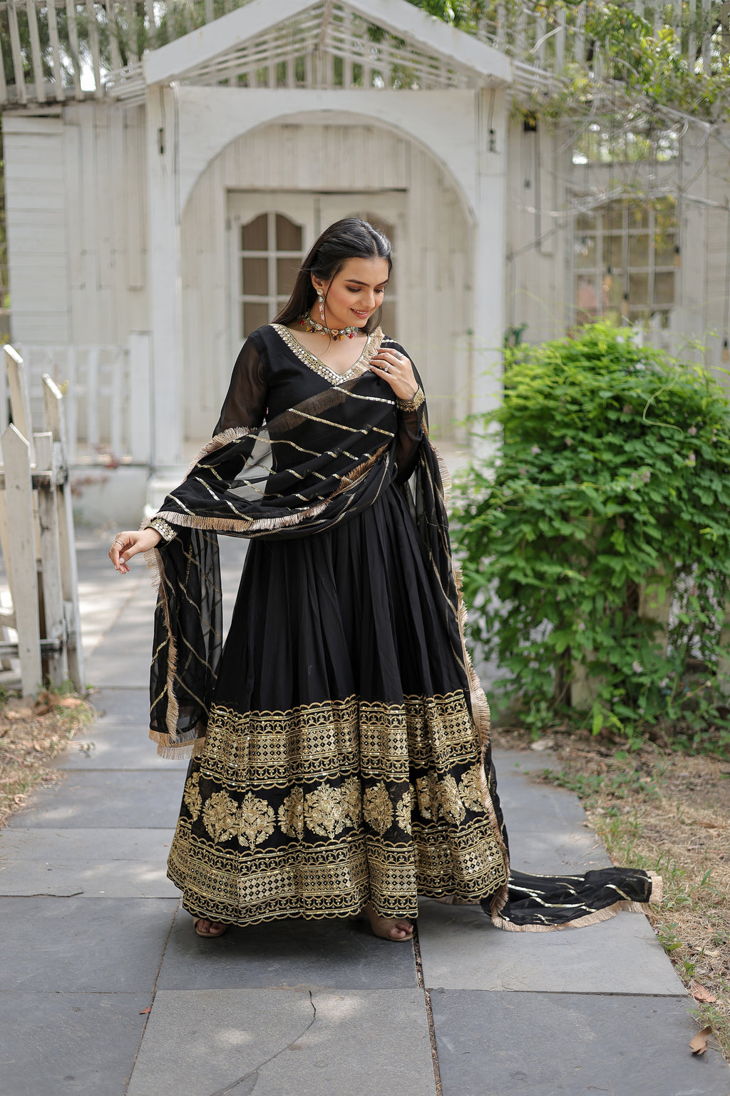 Faux Blooming Embroidered Gown With Dupatta