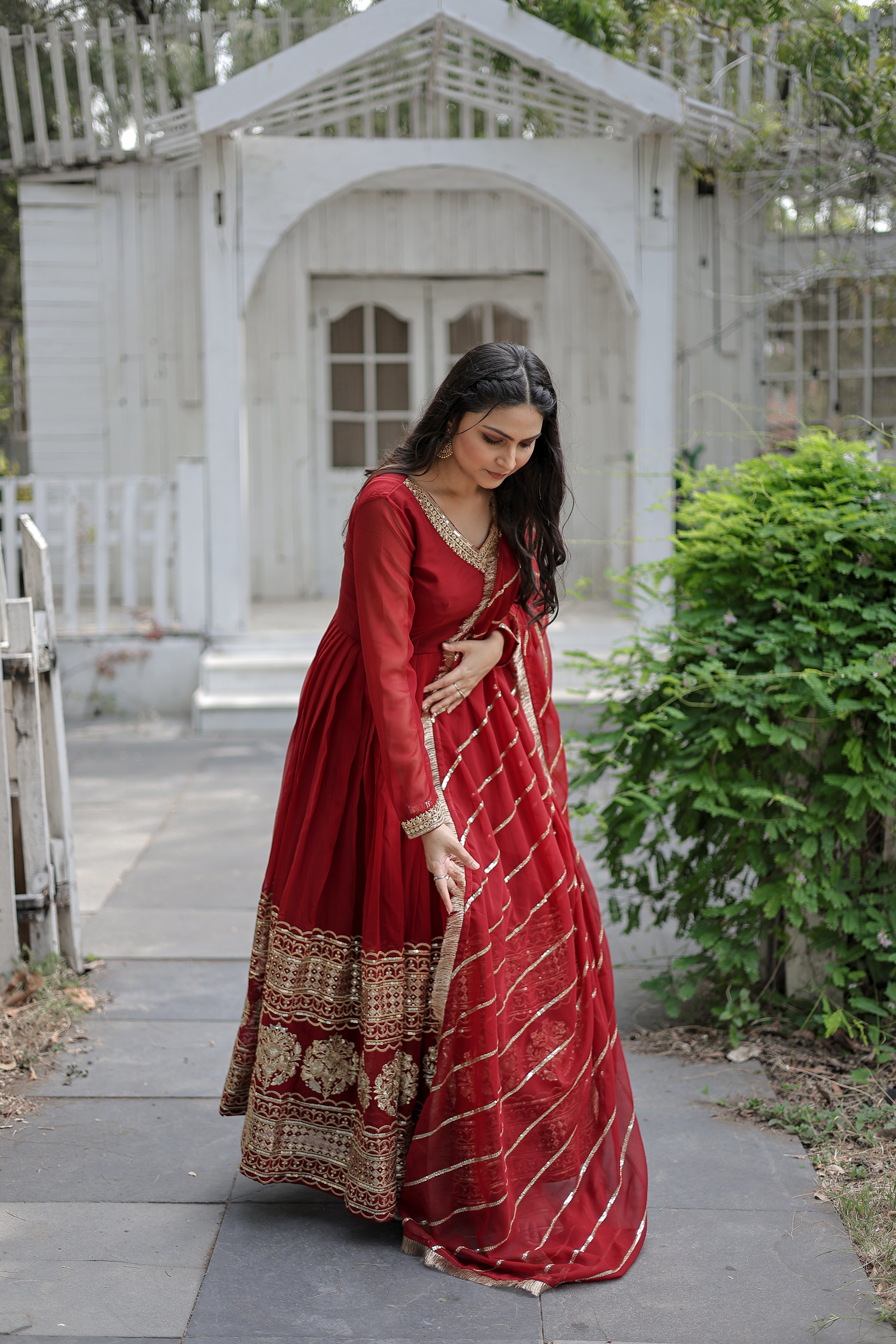 Faux Blooming Embroidered Gown With Dupatta