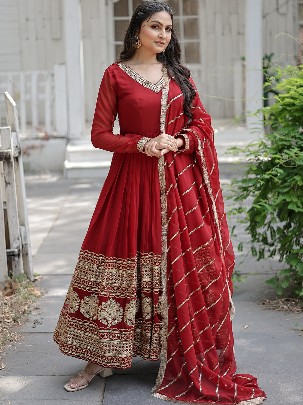 Faux Blooming Embroidered Gown With Dupatta