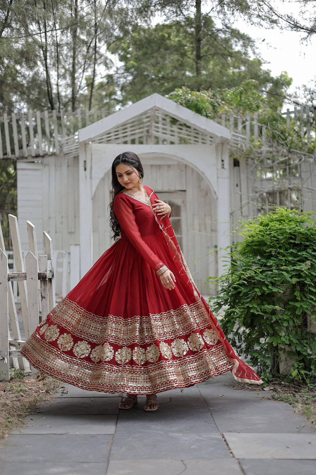 Faux Blooming Embroidered Gown With Dupatta