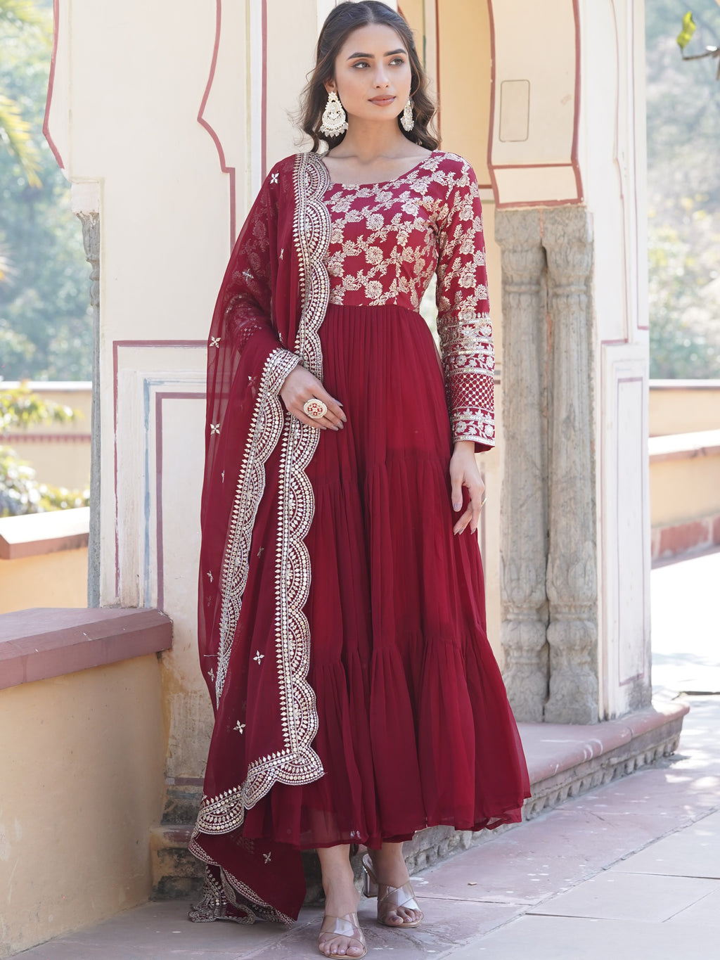 Viscose Jacquard Embroidered Gown With Dupatta